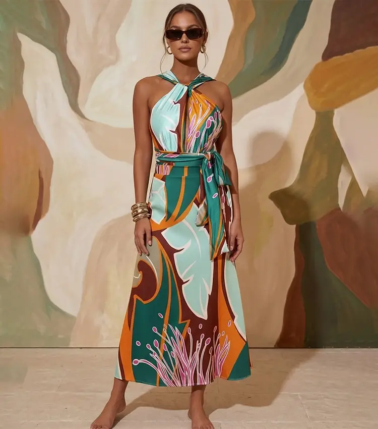 Printed one-piece swimsuit and skirt