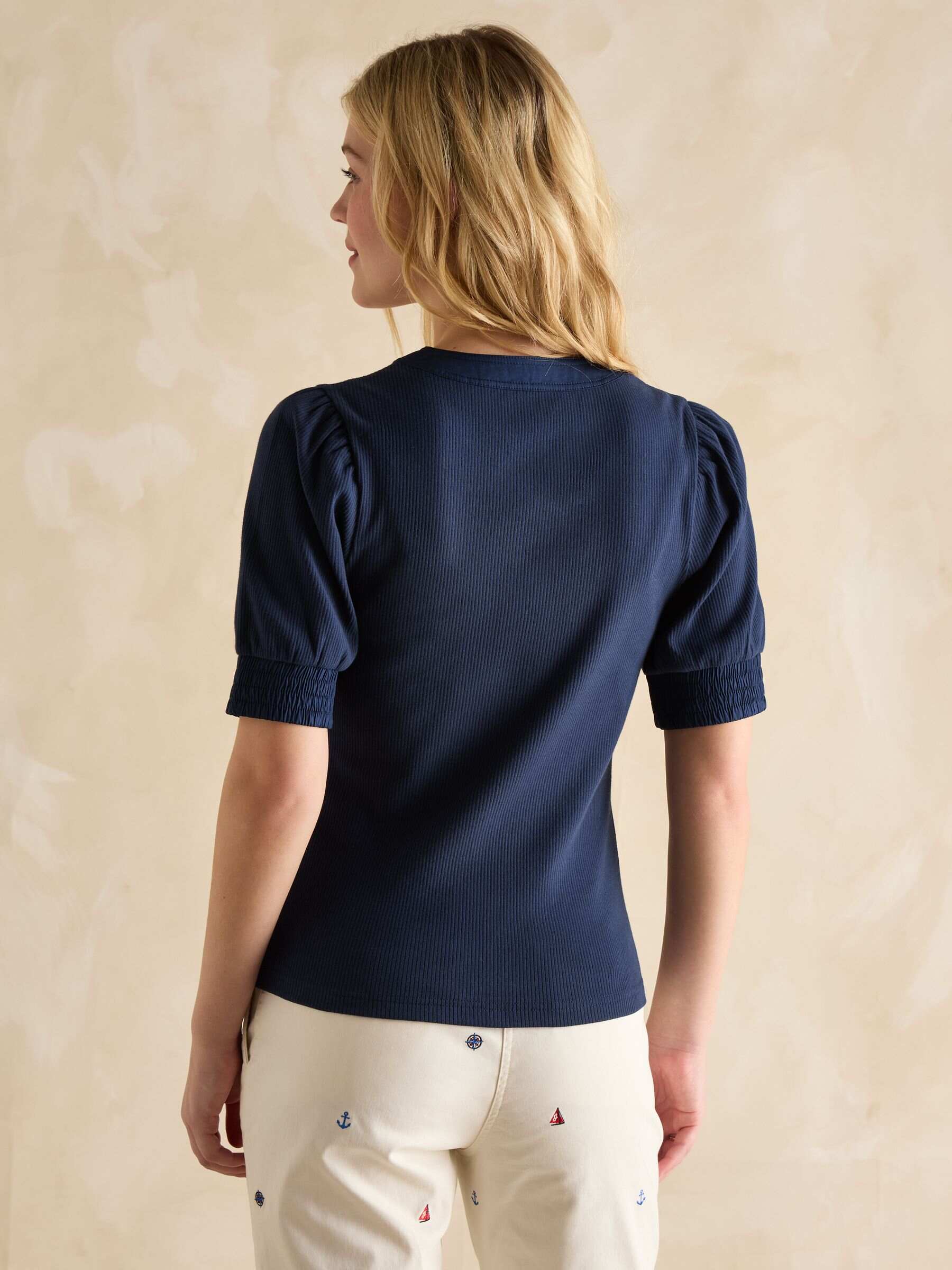 Tabitha Navy Blue Ribbed V-Neck Top With Puff Sleeves