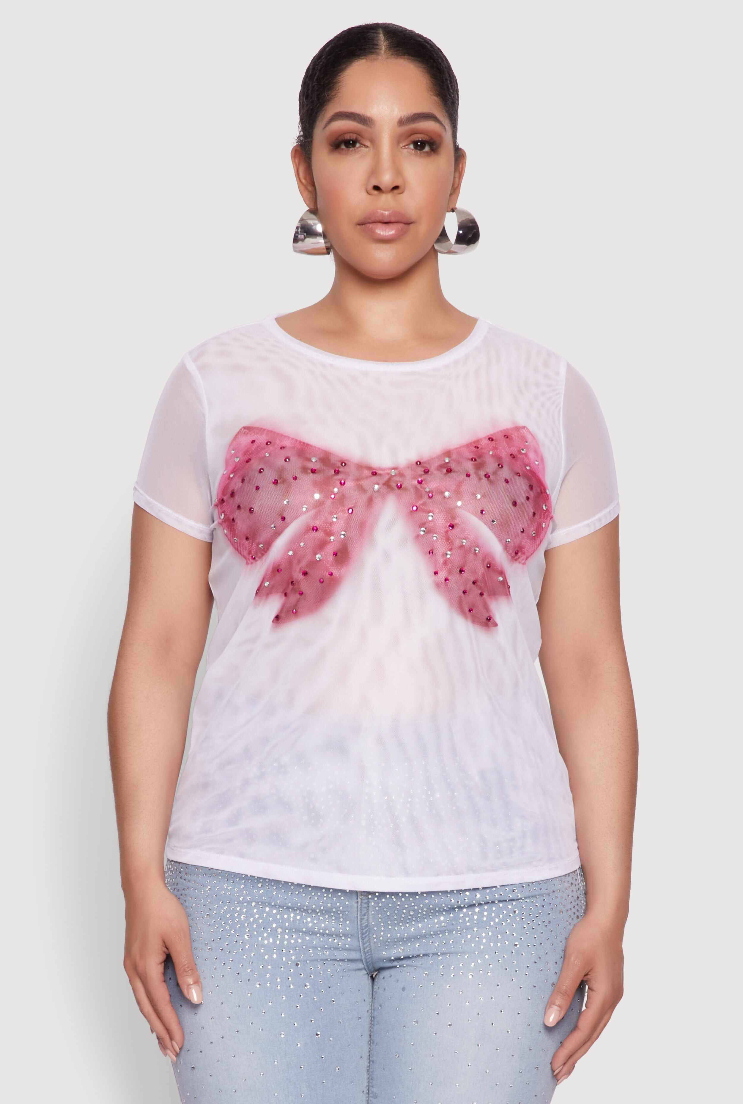 Plus Size Rhinestone Bow Graphic Mesh Top
