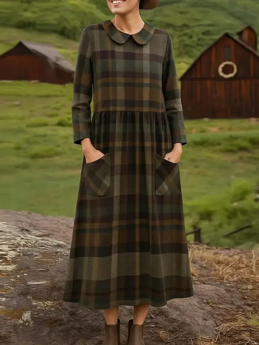🔥Summer Arrivals🌟Women's Plaid Print Peter Pan Collar Long Sleeve Casual Loose Dress