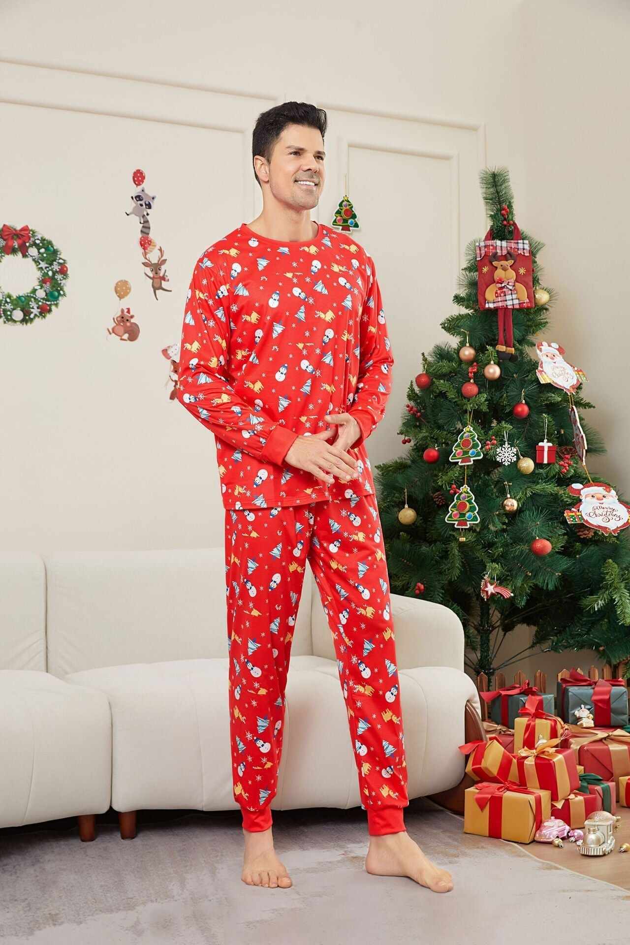 Family Parent-Child Christmas Tree Snowman Deer Printed Pajamas Set