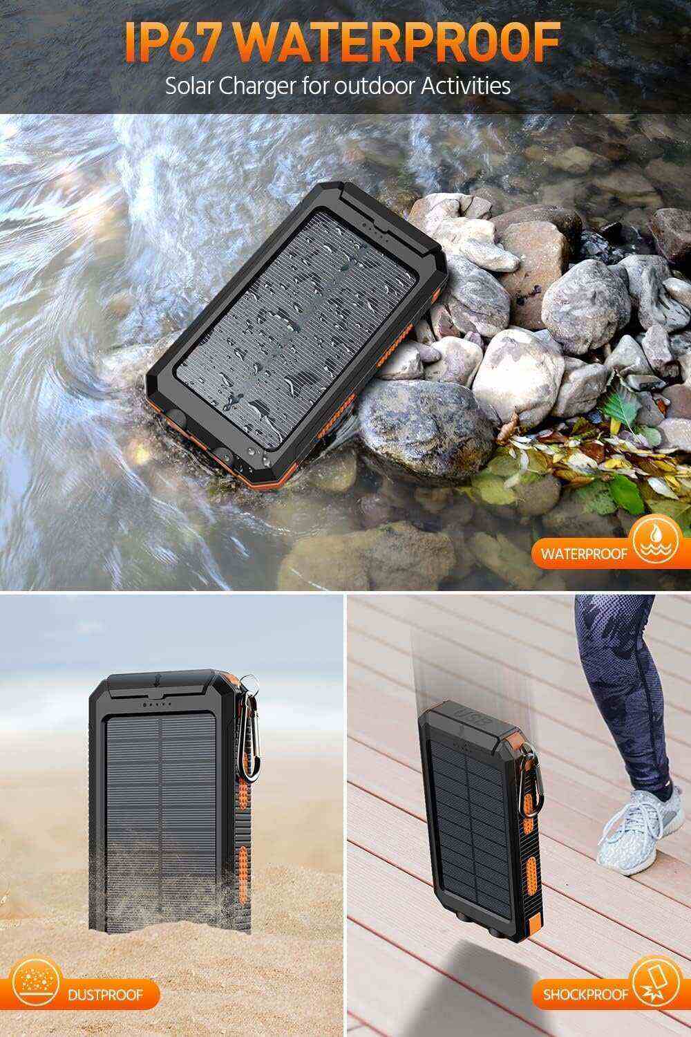 Power-Bank-Portable-Charger-Solar - 36800mAh Waterproof Portable External Backup Battery Charger Built-in Dual QC 3.0 5V3.1A Fast USB and Flashlight for All Phone and Electronic Devices (Deep Orange)