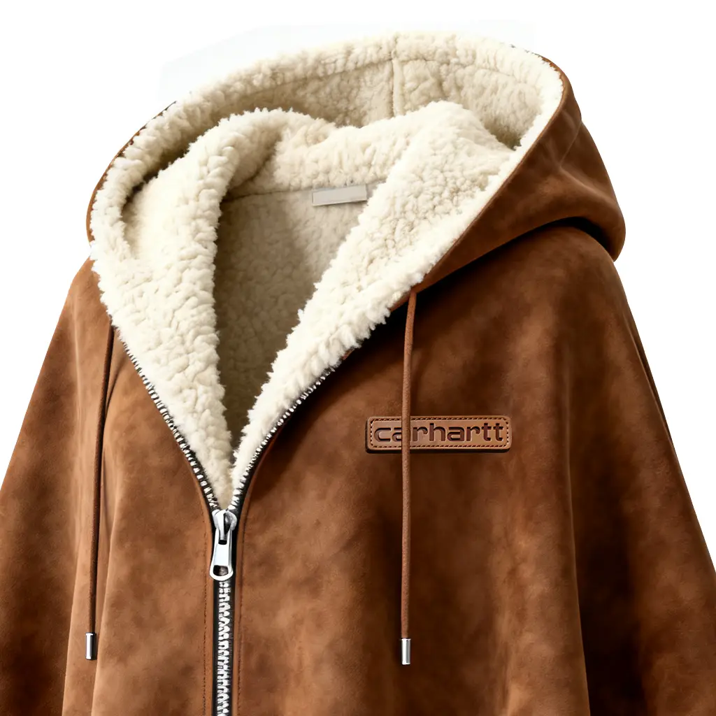Carhartt Women's Brown Faux Suede Hooded Cape With Shearling Lining And Fringe Details