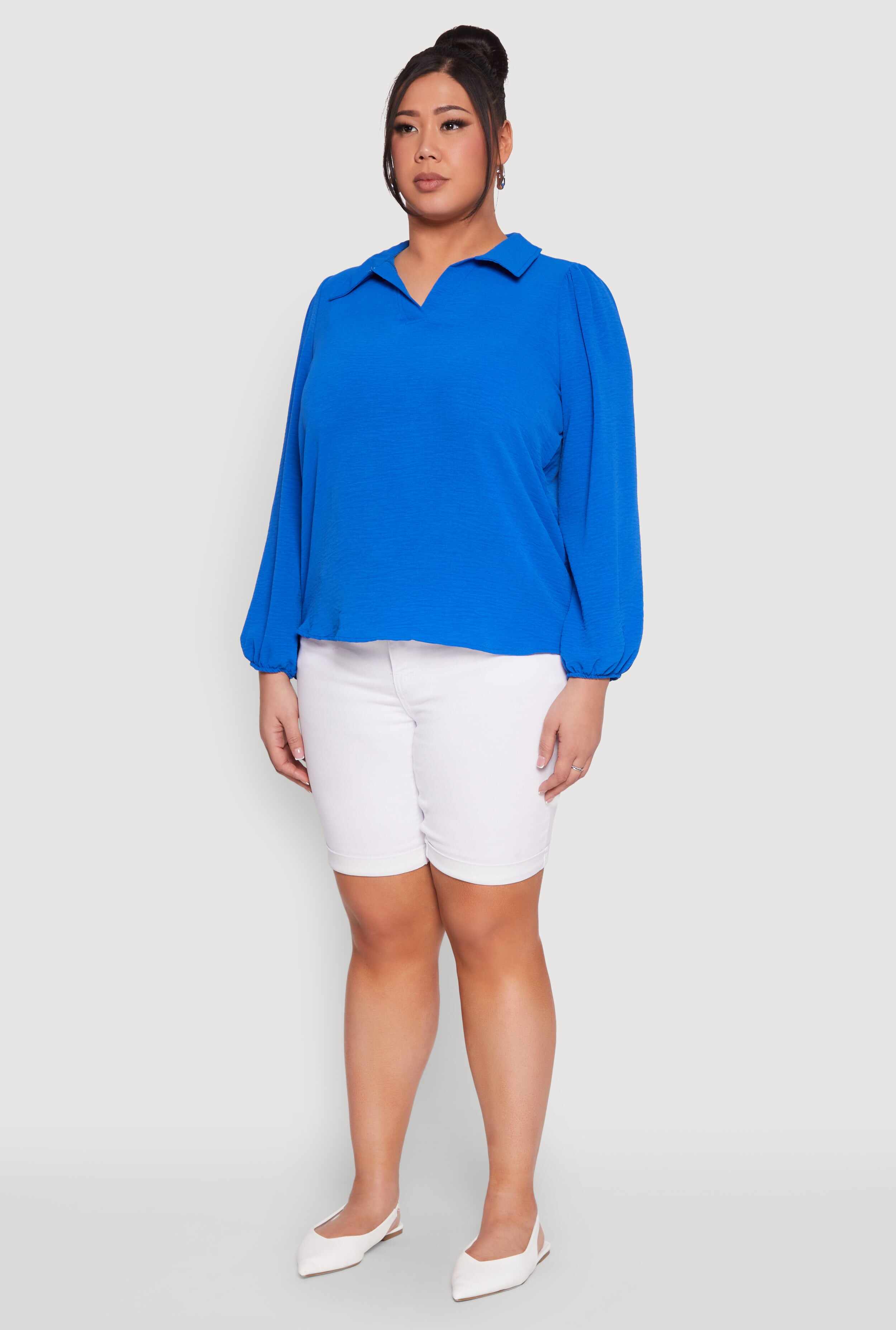 Plus Size Airy Johnny Collar Long Sleeve Top