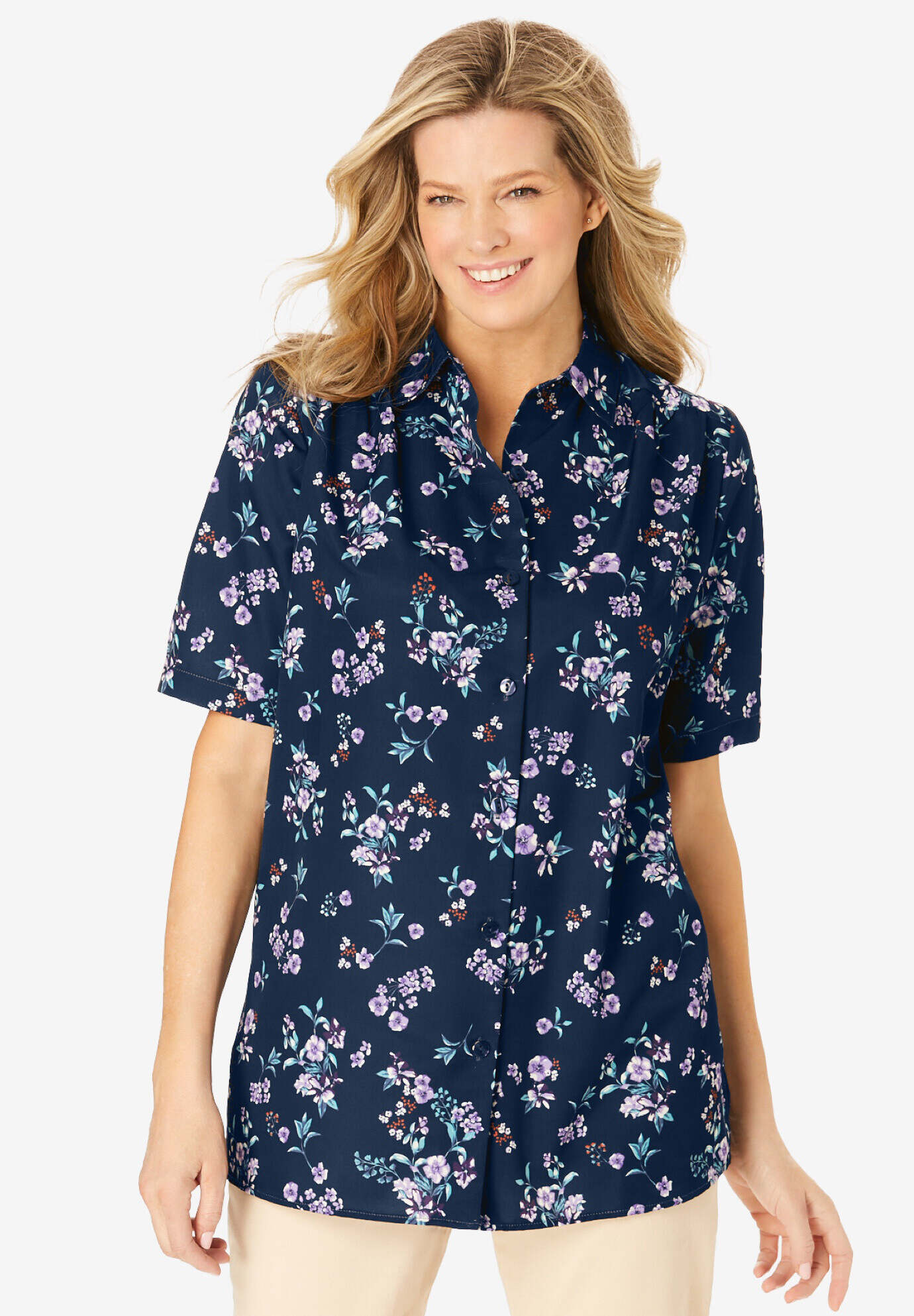 Short-Sleeve Peachskin Button-Front Shirt