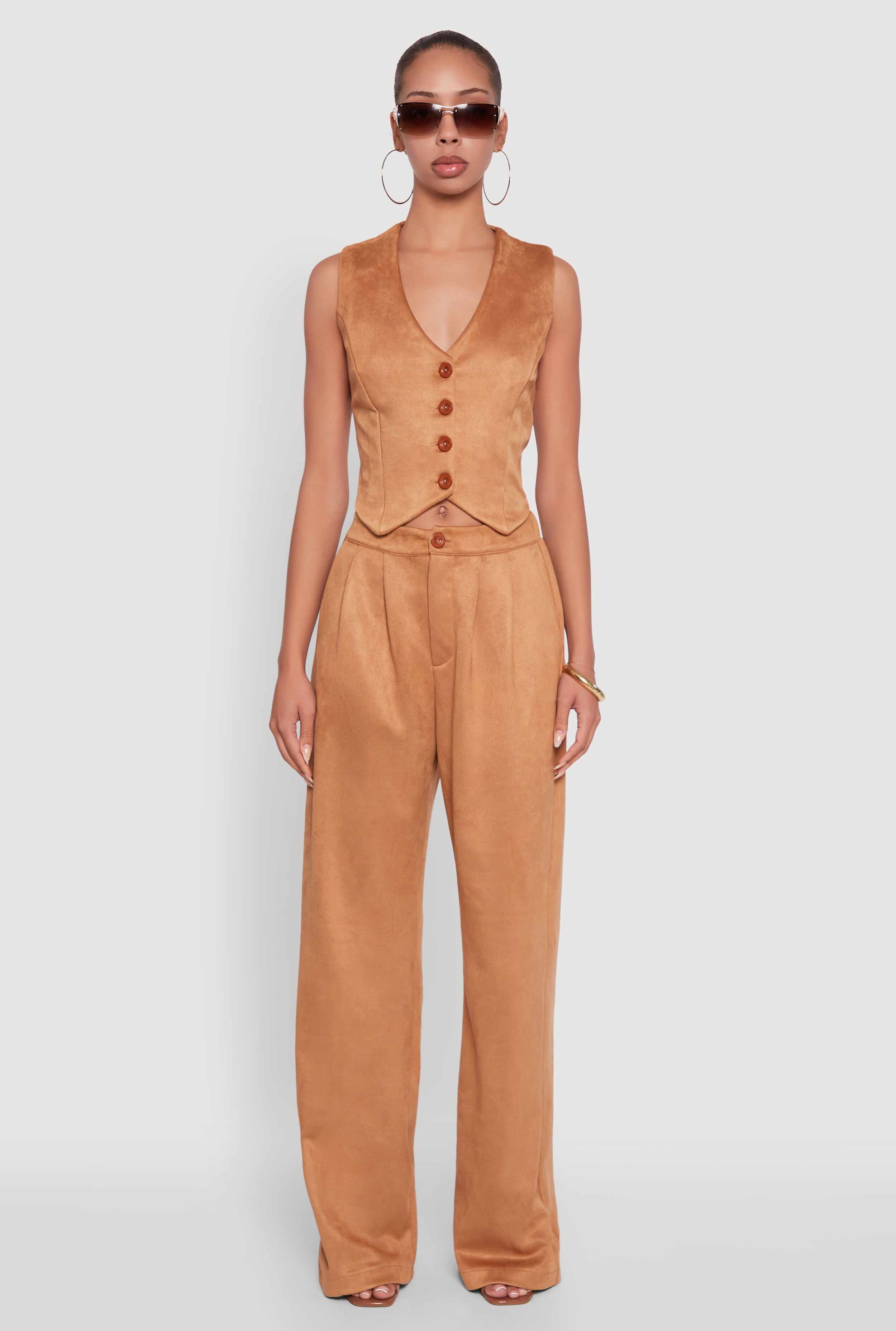 Faux Suede High Waist Pleated Dress Pants