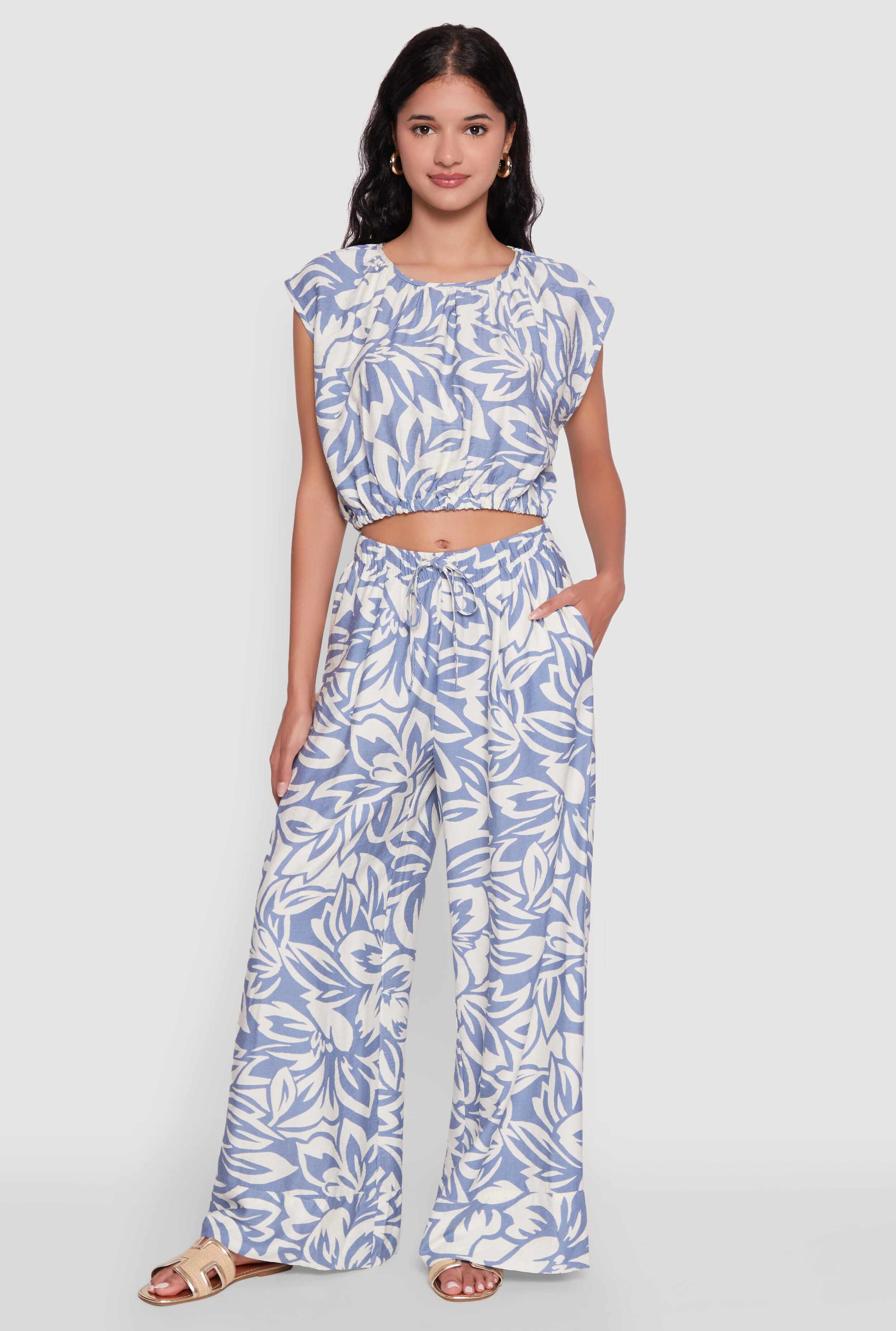 Crepe Knit Floral Palazzo Pants with Drawstring Waist