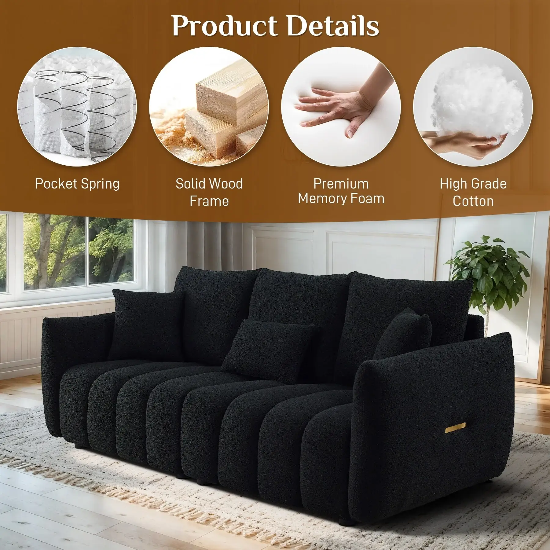Ouyessir Overstuffed Upholstered Deep Seat Soft Fabric Sofa with 3 Pillows
