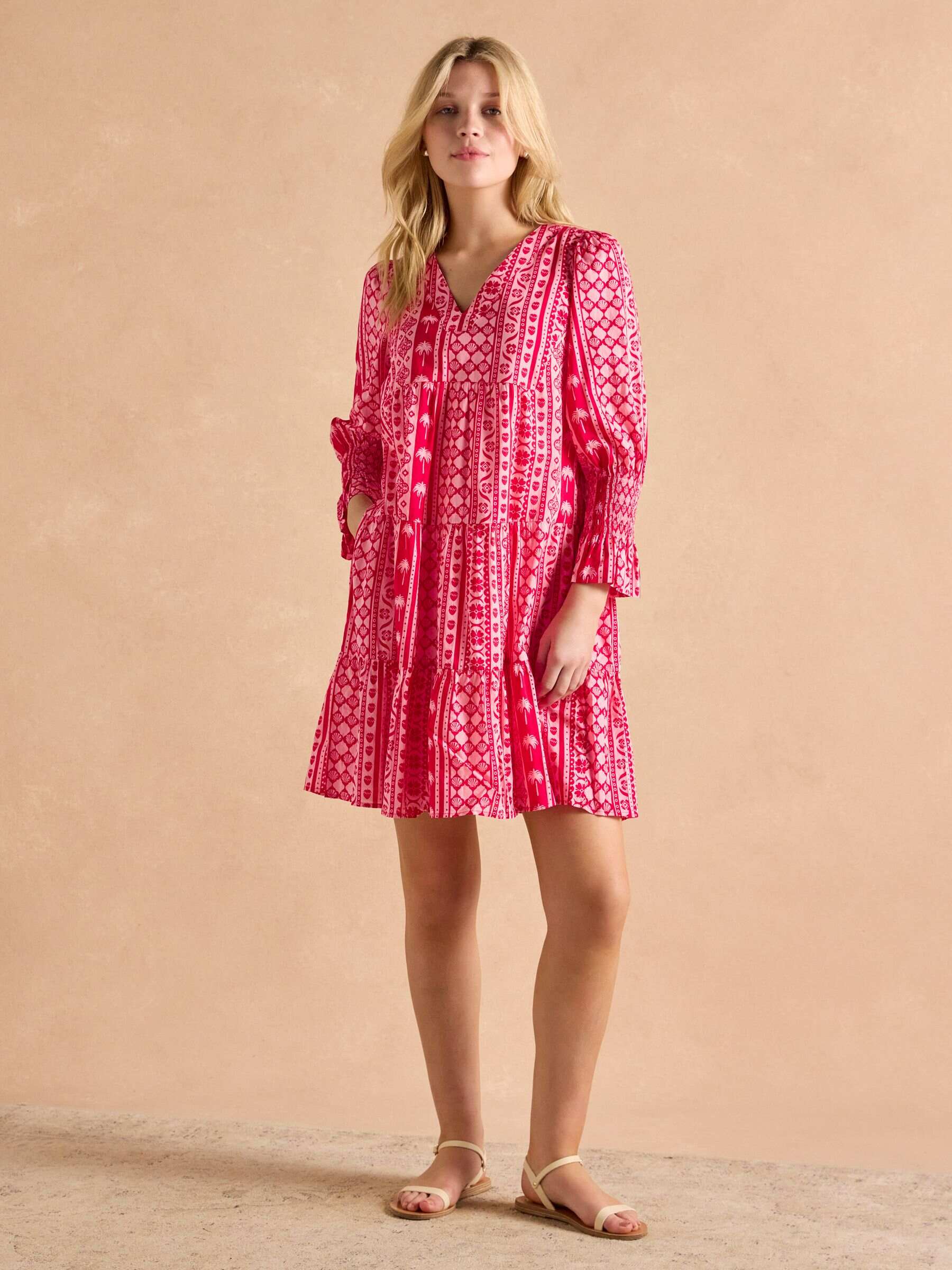 Alessia Pink Cotton V-Neck 3/4 Length Sleeve Tiered Dress