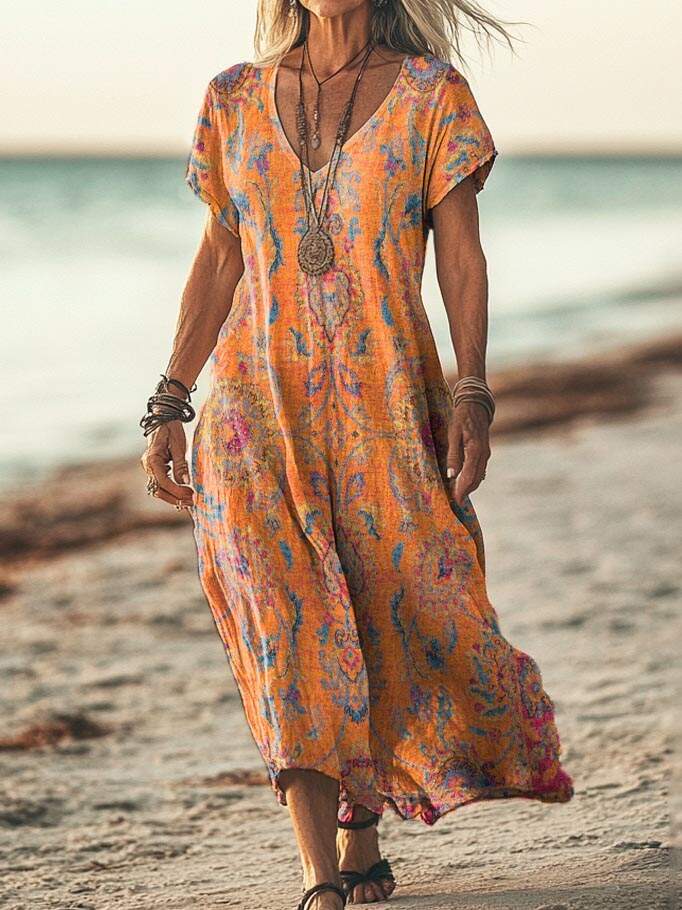 Women's Retro Ethnic Totem Print Pocket Cotton Dress