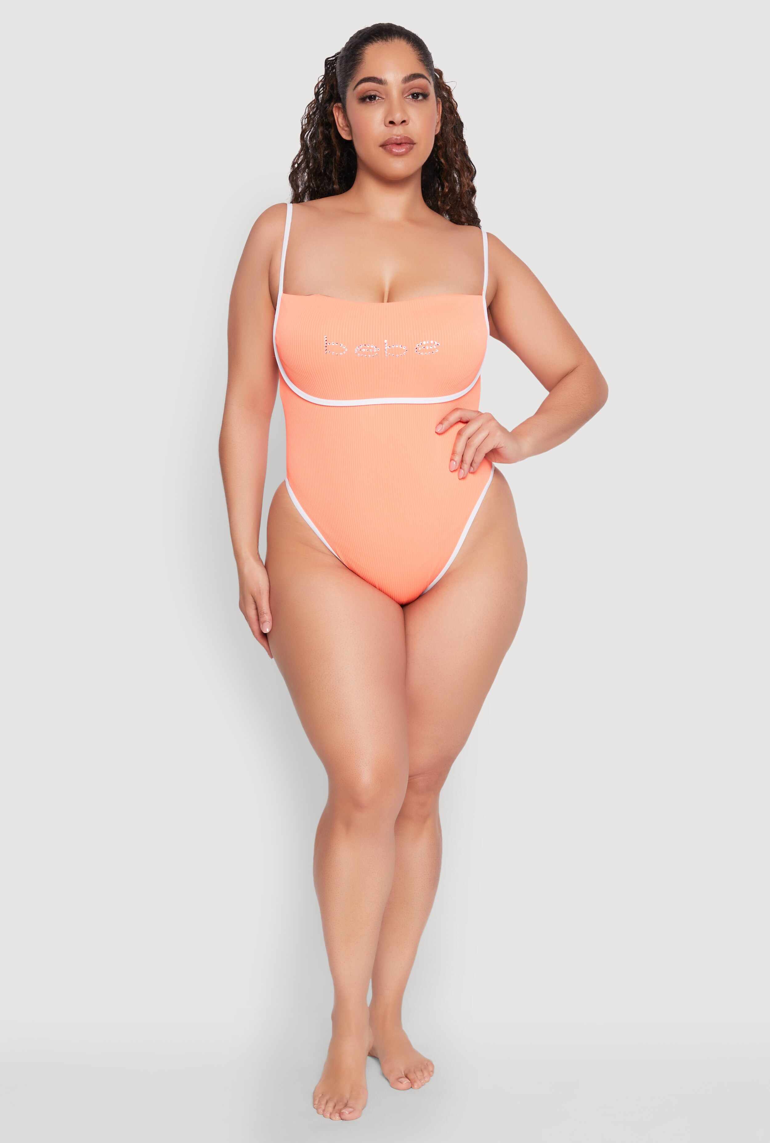 Plus Size Bebe Rhinestone Tie Back One Piece Swimsuit