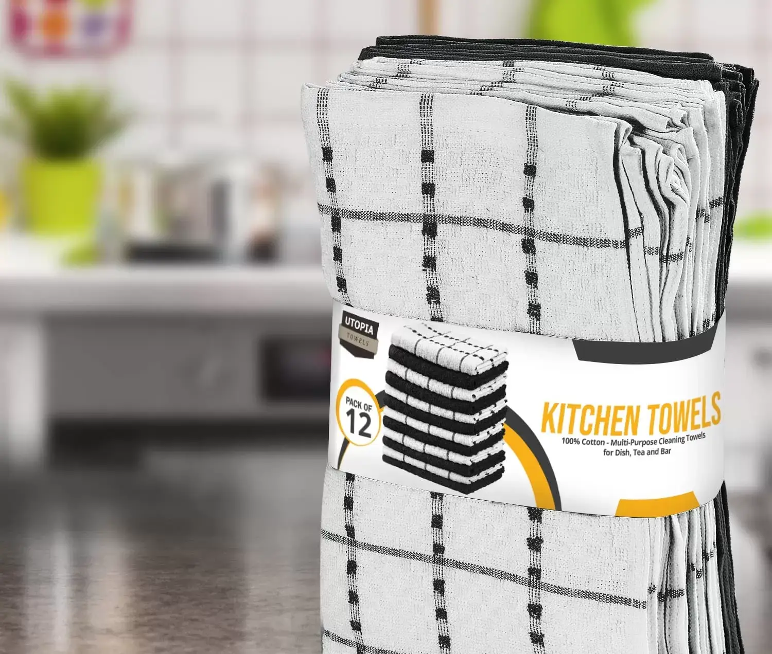 Kitchen Towels 12 Pack, 15 x 25 Inches, 100% Ring Spun Cotton Super Soft and Absorbent Linen Dish Towels, Tea Towels and Bar Towels Set (Black)
