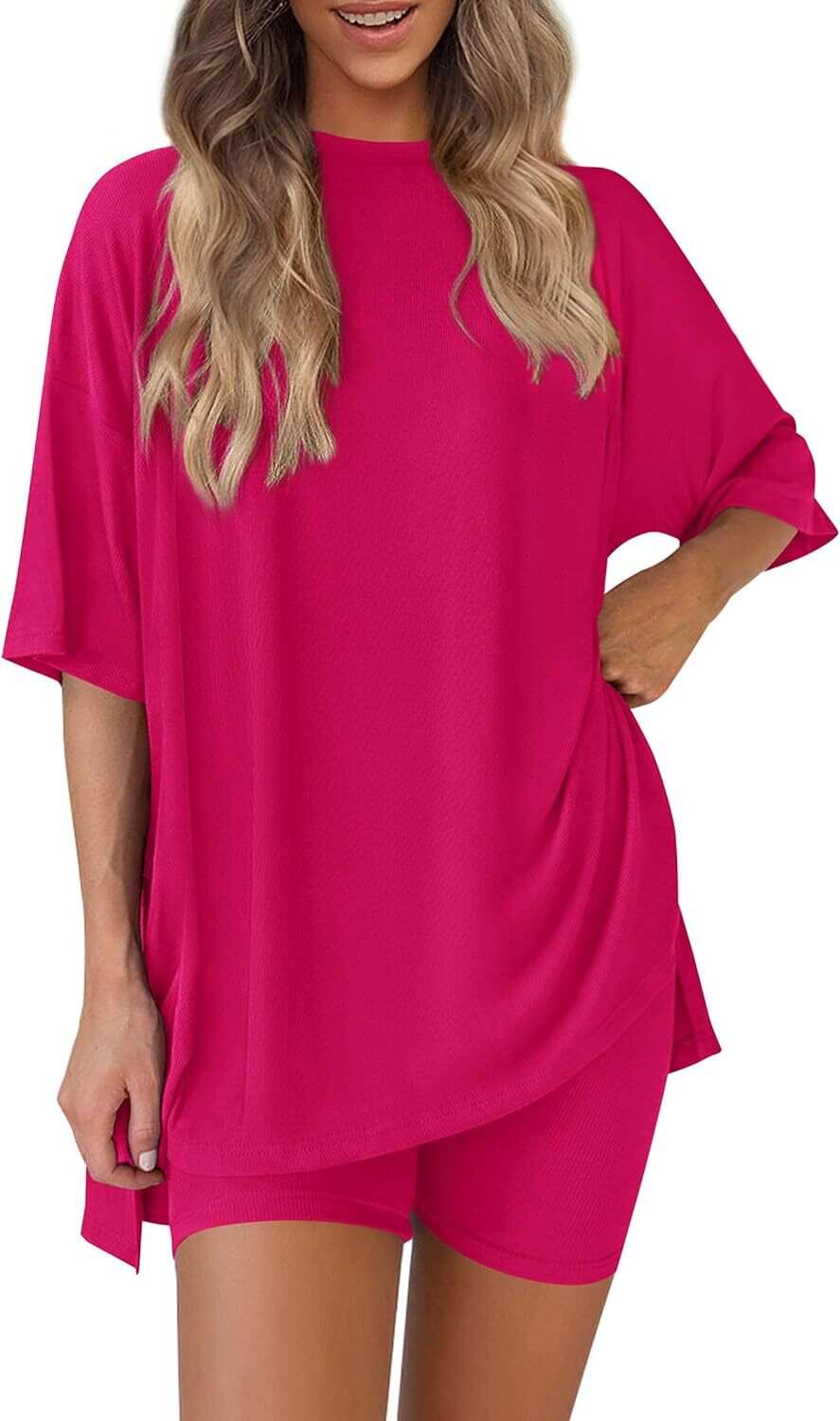 🔥Flash sale🔥Women's Two Piece Lounge Set 2026 Summer Casual Oversized Shirts  Biker Shorts Matching Airport Travel Outfit