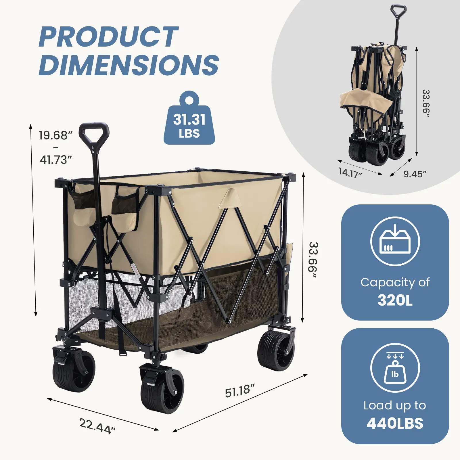 320L Outdoor Folding Double-Decker Wagon with Brakes, 440 lbs Capacity, Flexible Handle, All-Terrain Big Wheels, Compact Pack & Foldable Size for Grocery, Camping