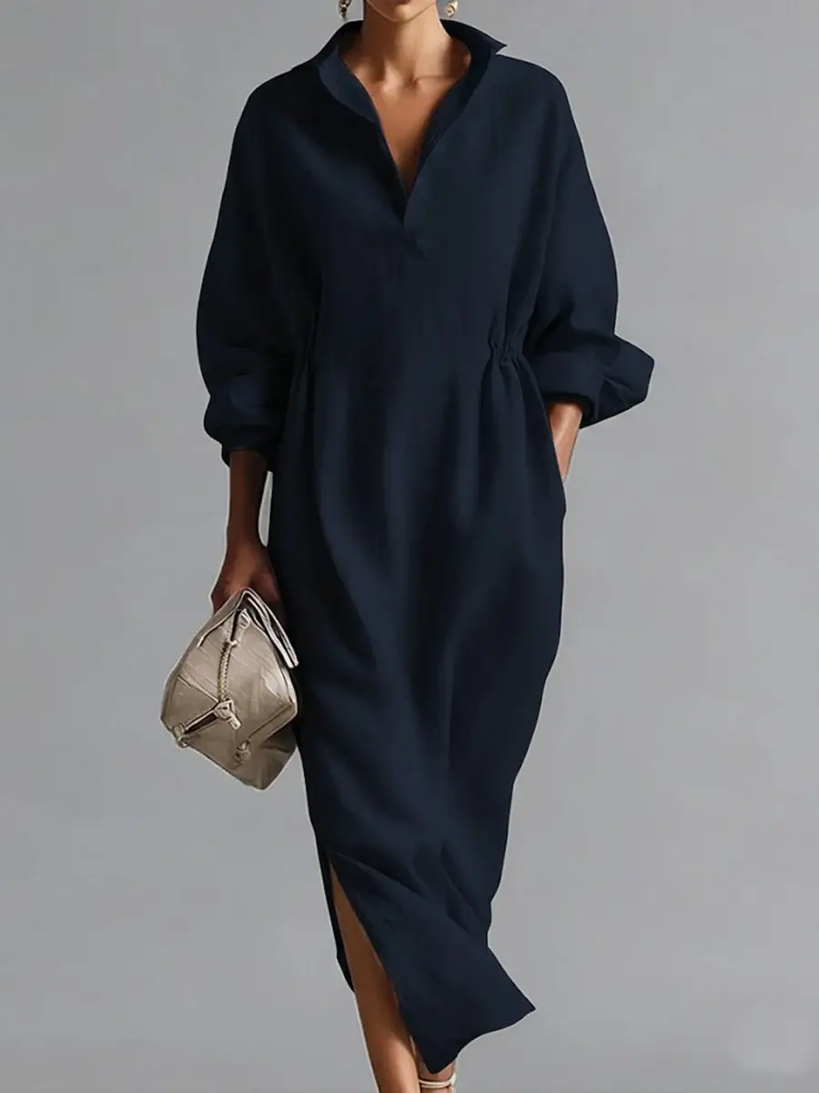 🔥Summer Arrivals🌟Women's Solid Color Lapel Long-sleeved Casual Loose Cotton Dress