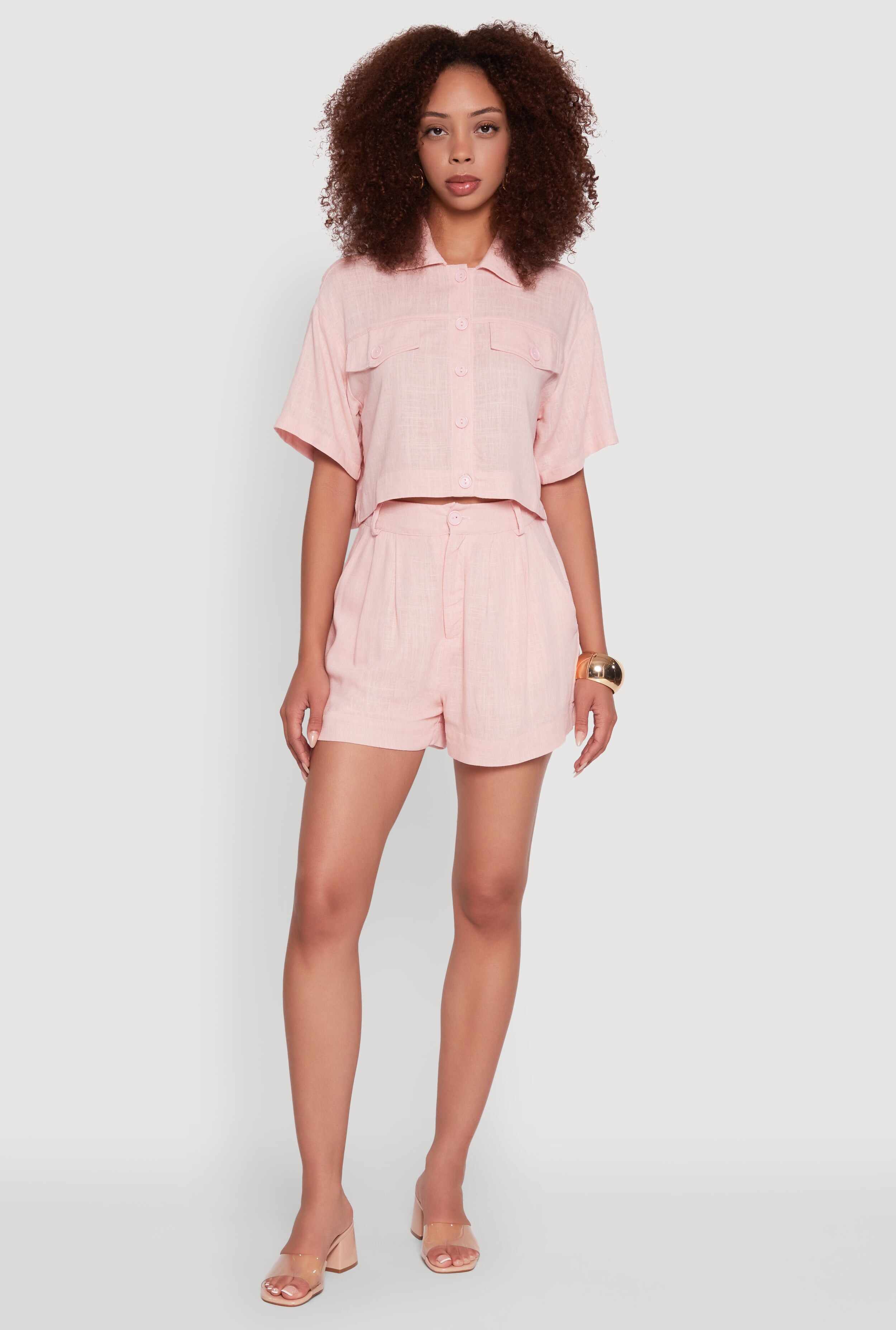 Trendy Linen Flap Detail Button Front Cropped Shirt