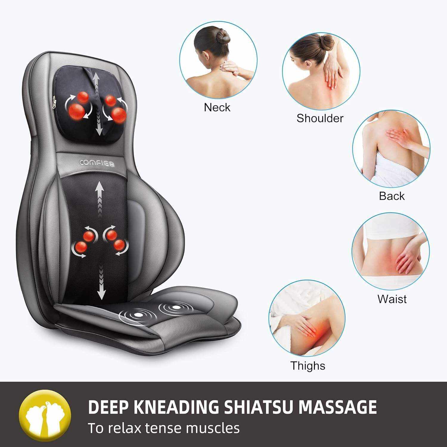 COMFIER Shiatsu Neck Back Massager with Heat and Compression, App Control 2D or 3D Deep Tissue Kneading Massage Chair Pad, Chair Massager for Full Body Pain Relief, Ideal Gifts,Grey
