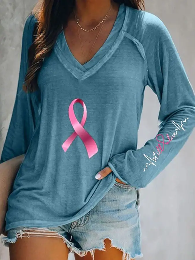 Breast Cancer V Neck Long Sleeve Casual T-Shirt