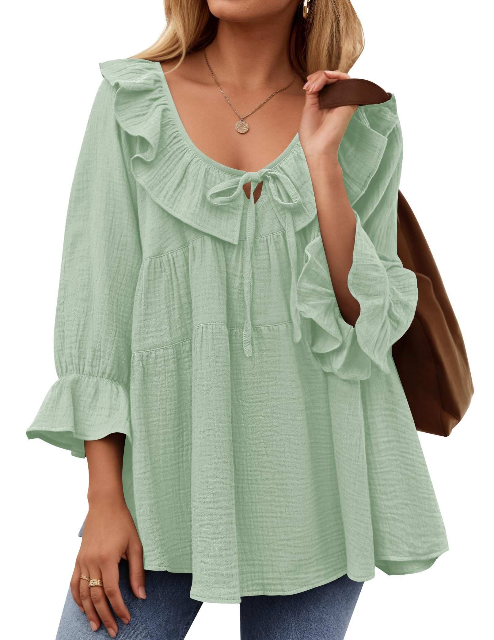 Women’s Scoop Neck 3/4 Length Sleeve Tie Front Ruffle Tiered Tunic Shirts