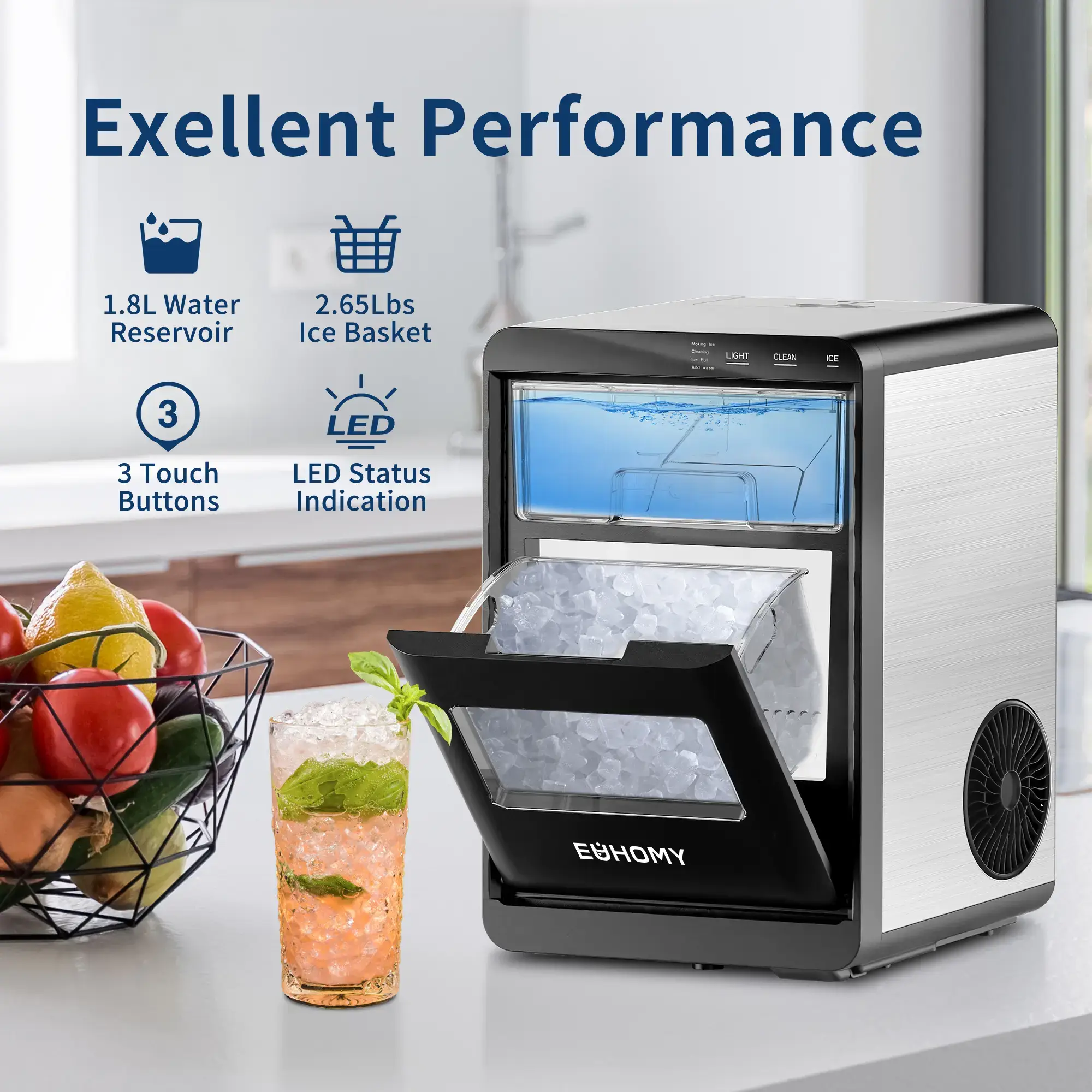 Nugget Ice Maker Countertop, 35Lbs/24H&44Lbs/24H Pebble Ice Maker Machine, Self-Cleaning Pellet Ice Machine with Ice Scoop&basket, Sonic Countertop Ice Machine for Home/Kitchen/Office(Black)