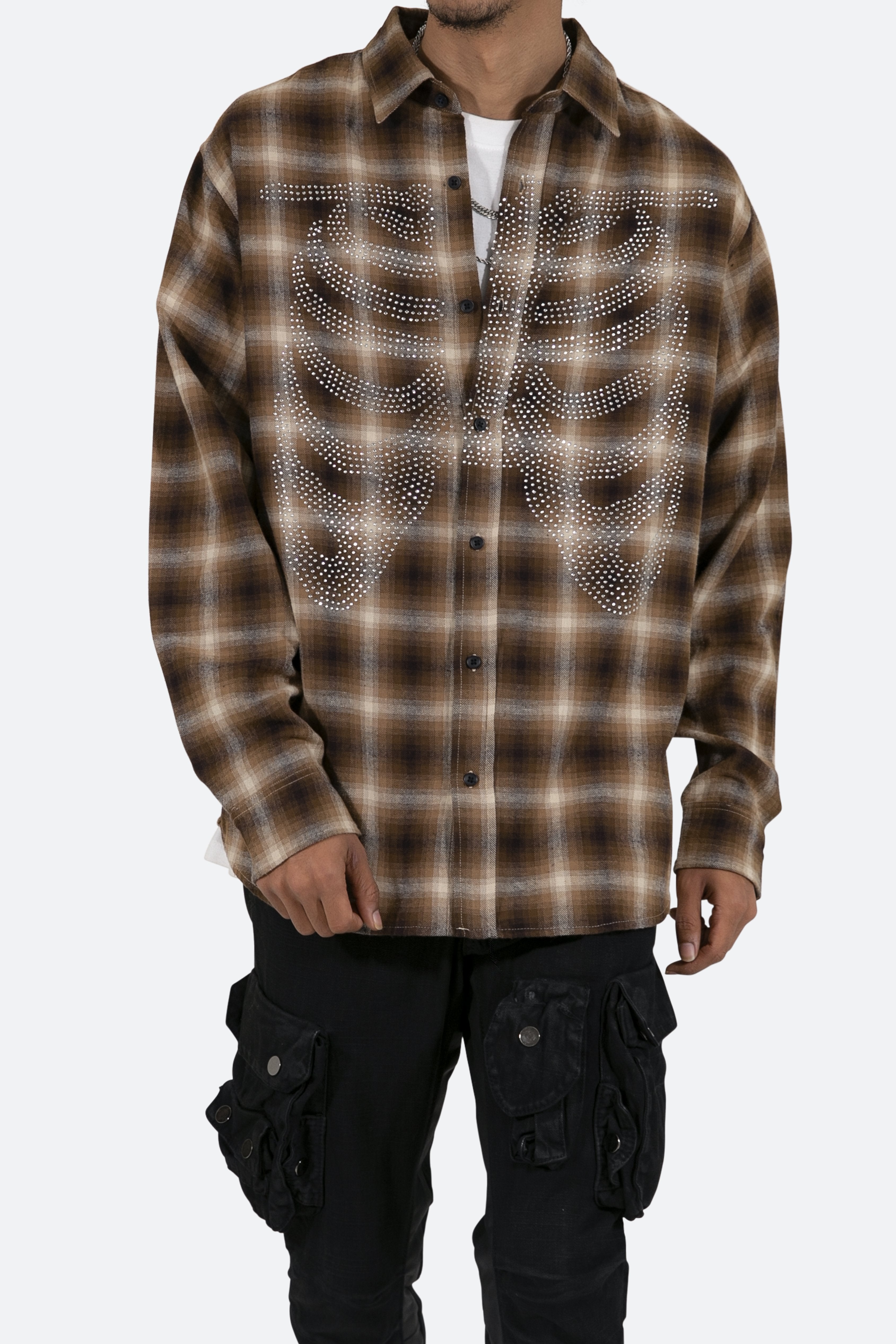 Rhinestone Skeleton Flannel Shirt - Brown