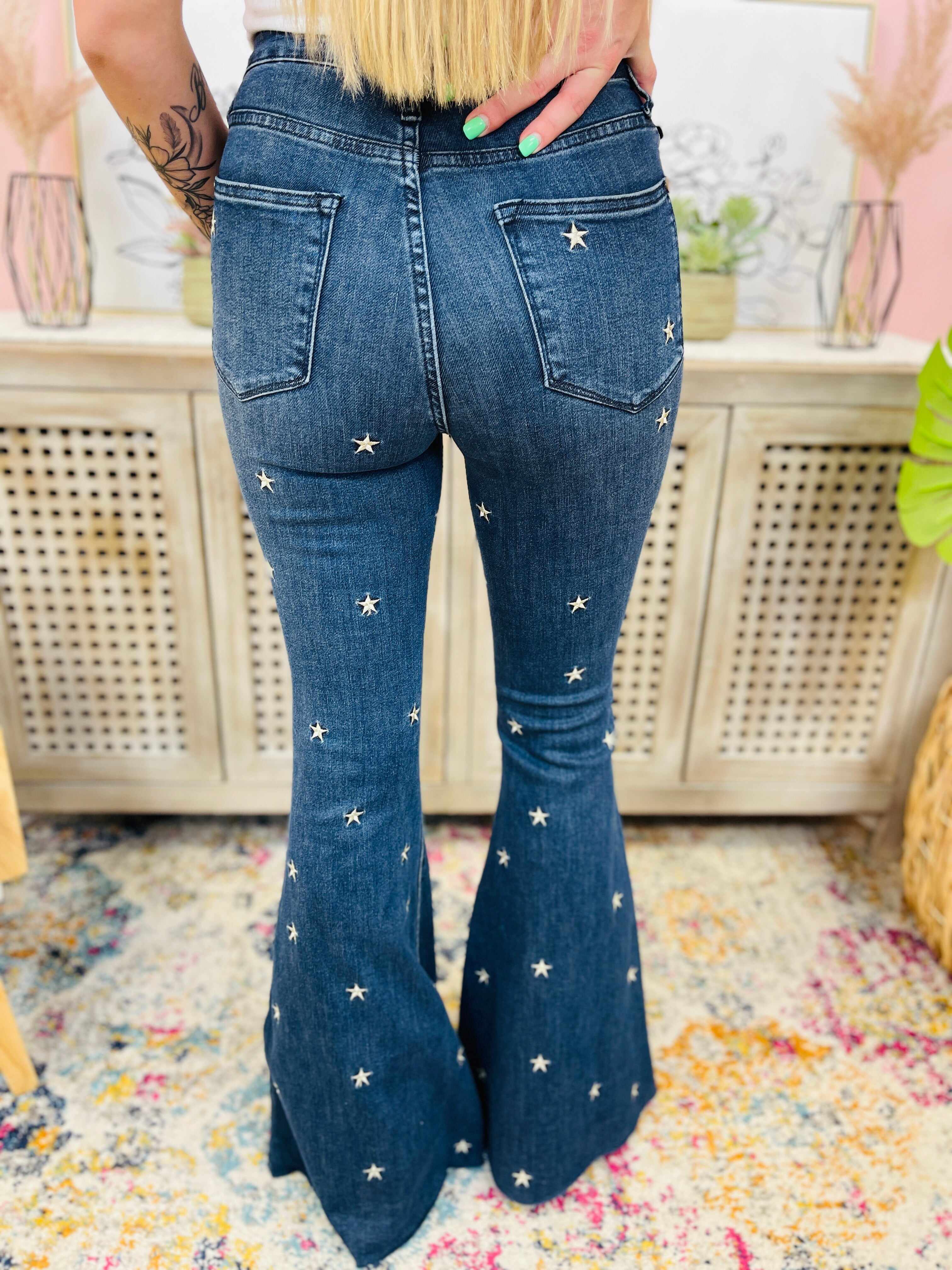 PLUS/REG Wishing On A Star Embroidered Flared Jeans