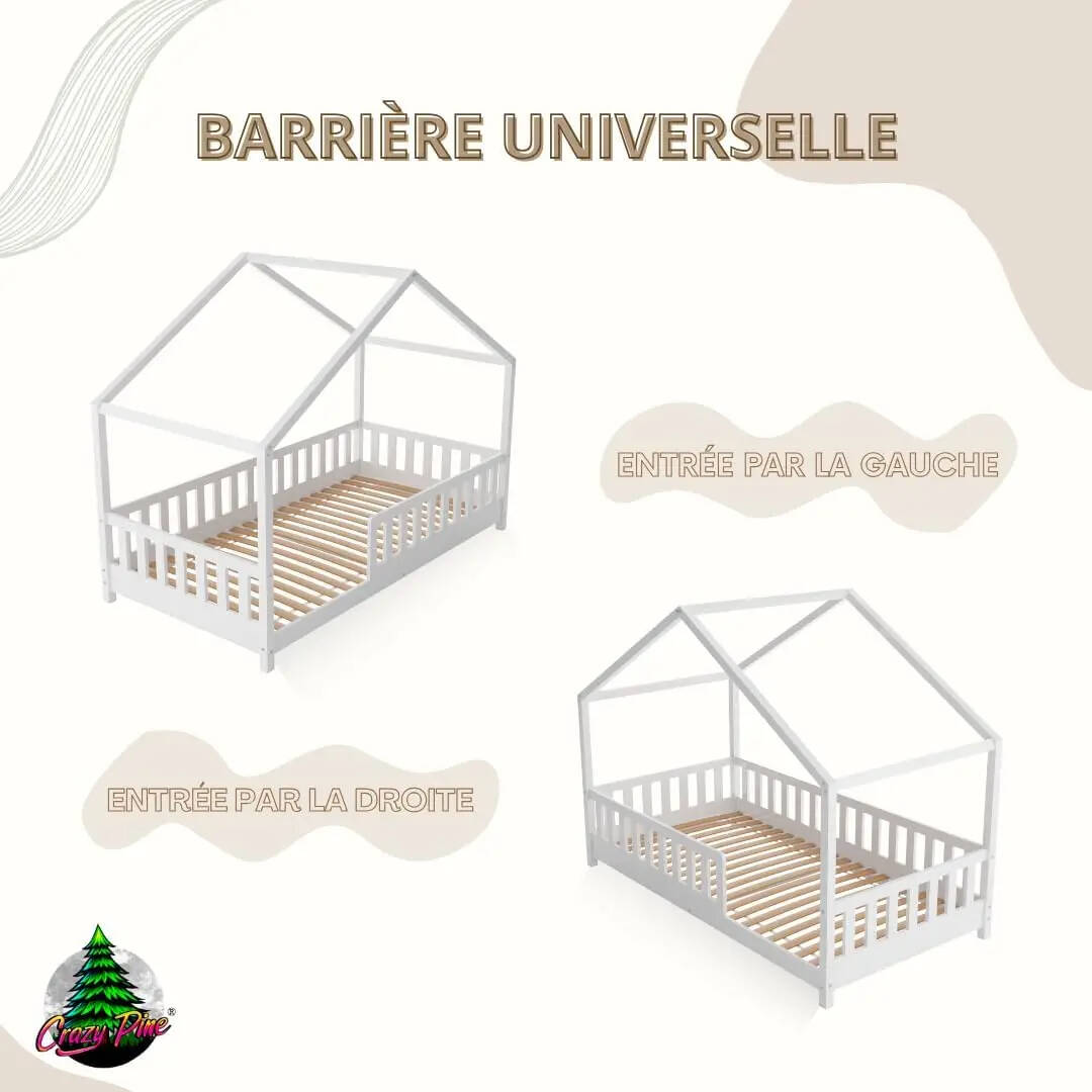 Clearance Sale Crazy Pine Cabin Bed 160x80 cm – Natural Wood Children's Bed with Barrier – Montessori Floor Bed with Height-Adjustable Legs and Removable Barrier - Crazy House