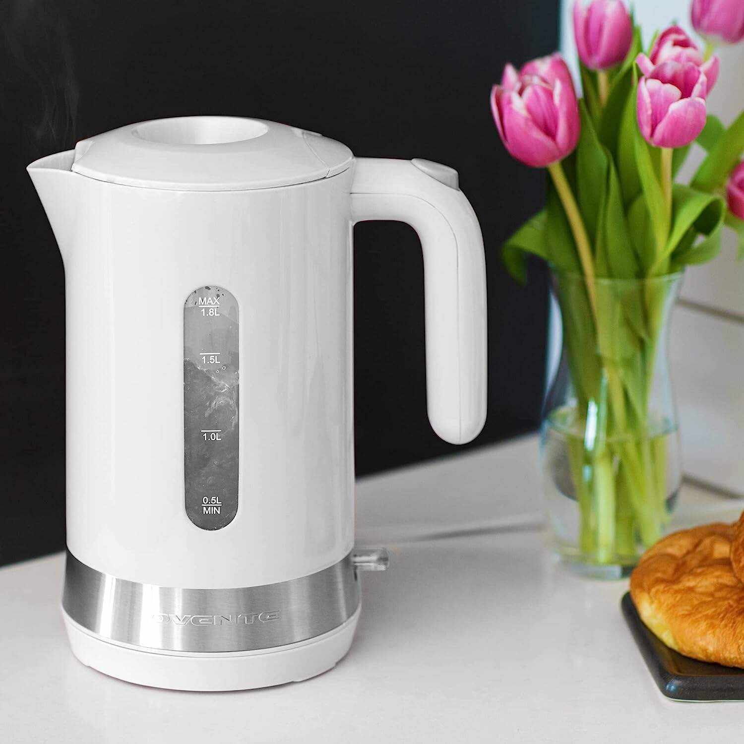 OVENTE Electric Kettle Hot Water Heater 1.7 Liter - BPA Free Fast Boiling Cordless Water Warmer - Auto Shut Off Instant Water Boiler for Coffee & Tea Pot - White KP72W