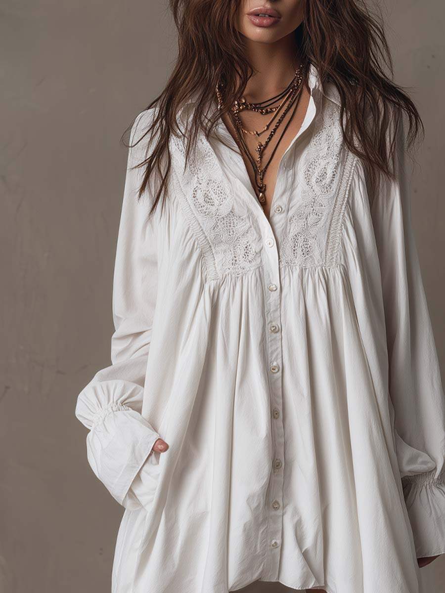 Retro-style Lace Irregular Hem Long-sleeved Mini Dress