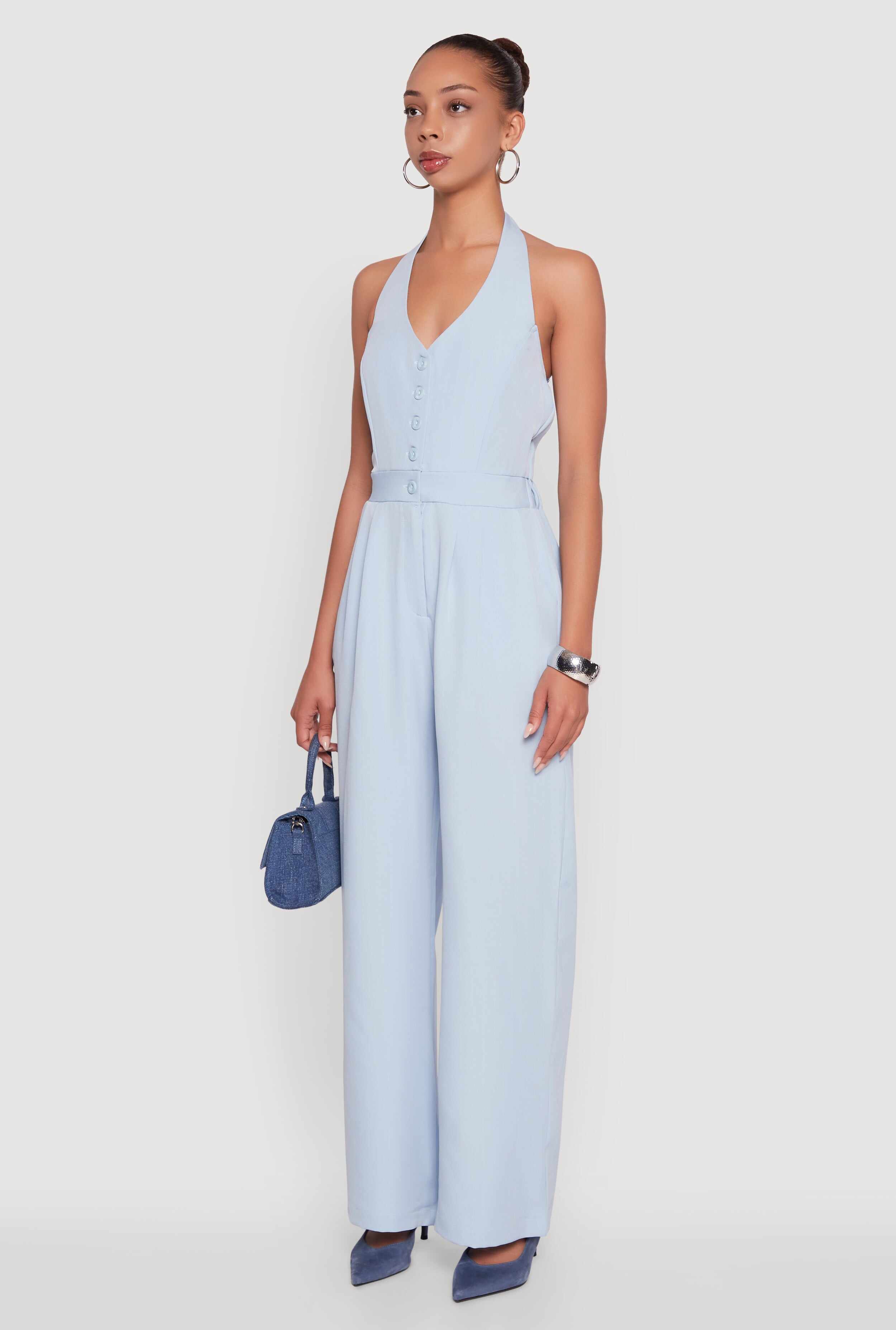Pinstripe Button Front Halter Jumpsuit