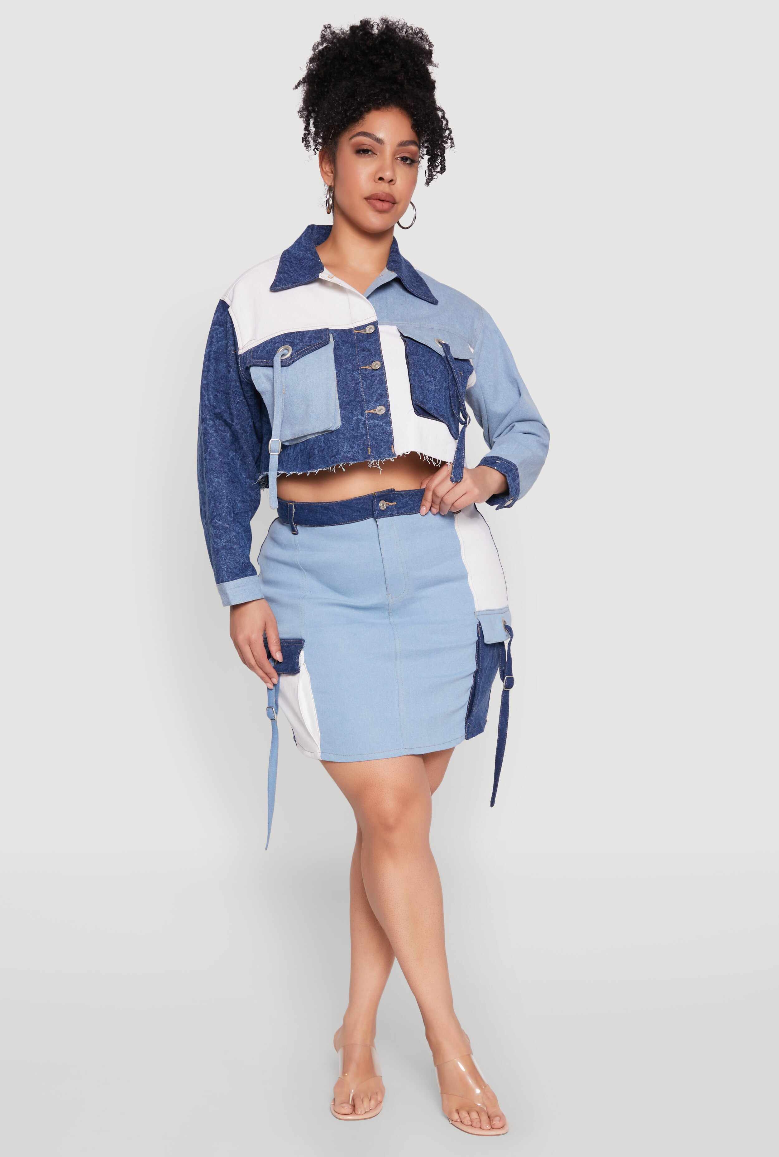 Plus Size Color Block Denim Skirt