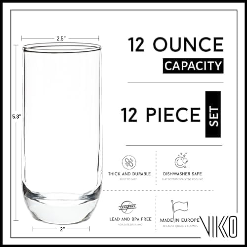 Vikko Drinking Cup 12 ounces (approximately 340.2 milliliters) 12-piece set of drinking cups made of crystal clear glass - suitable for water or juice - highball glass & water cup