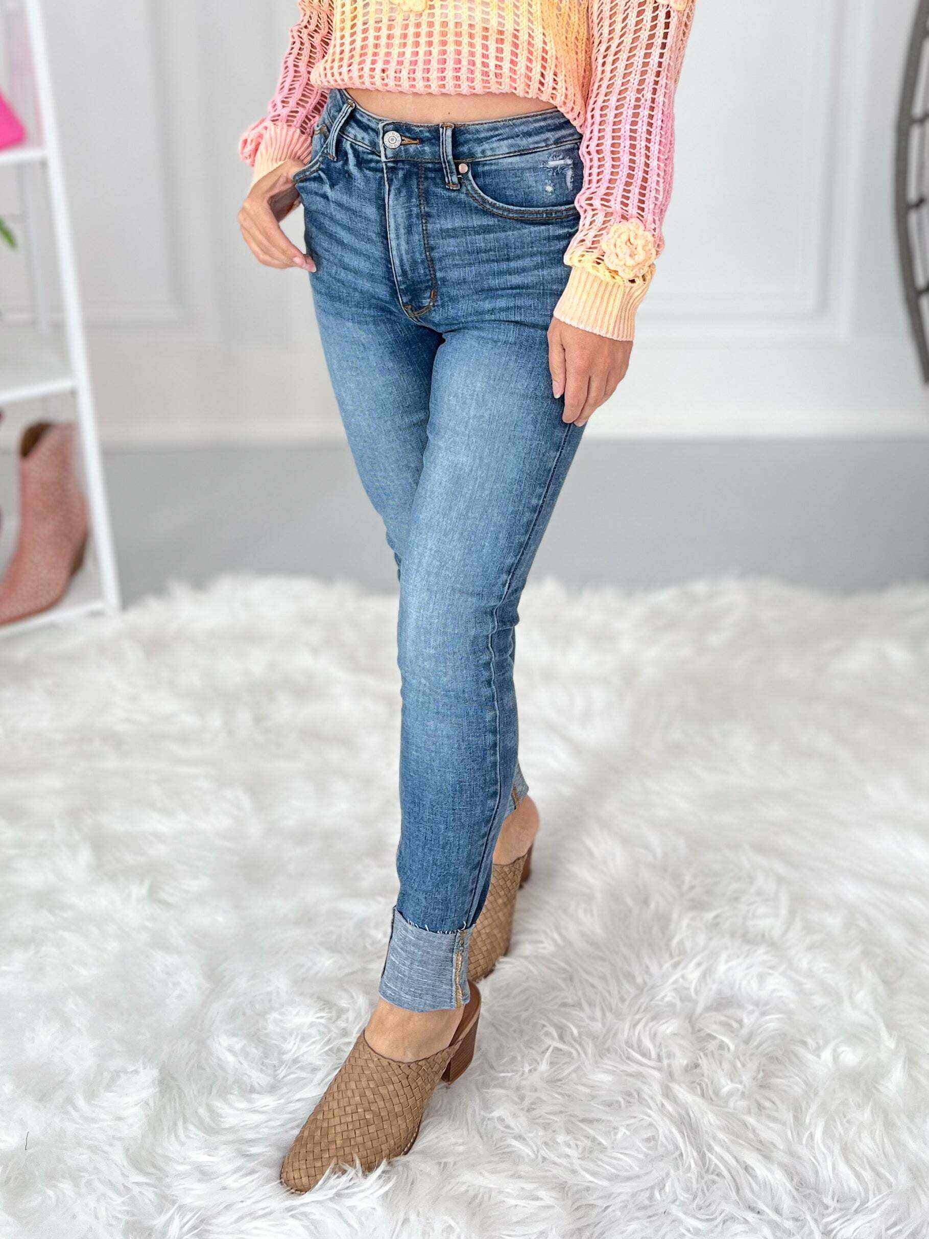 Georgia Peach - Christmas Tummy Control Shield Pocket Skinny Jeans- Final Sale