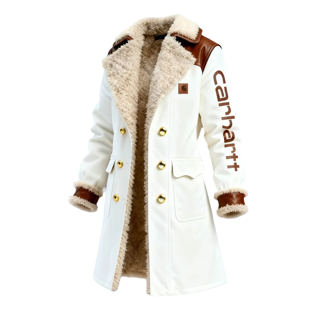 Women's Vintage White Leather Contrast Fleece Faux Fur Lining Coat-Khaki