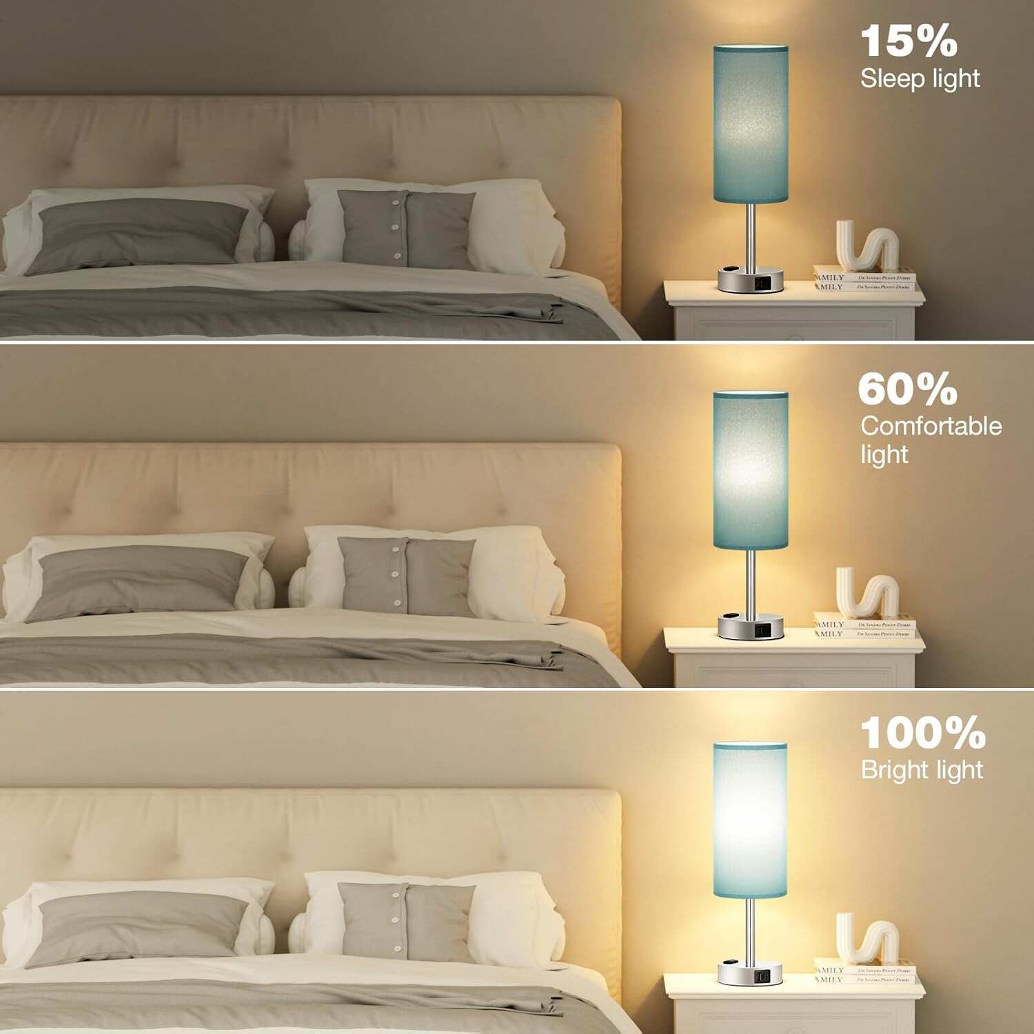 Bedside Table Lamp for Bedroom - 3 Way Dimmable Touch Lamp USB C Charging Ports and AC Outlet, Small Lamp Wood Base Round Flaxen Fabric Shade for Living Room, Desk, LED Bulb Included