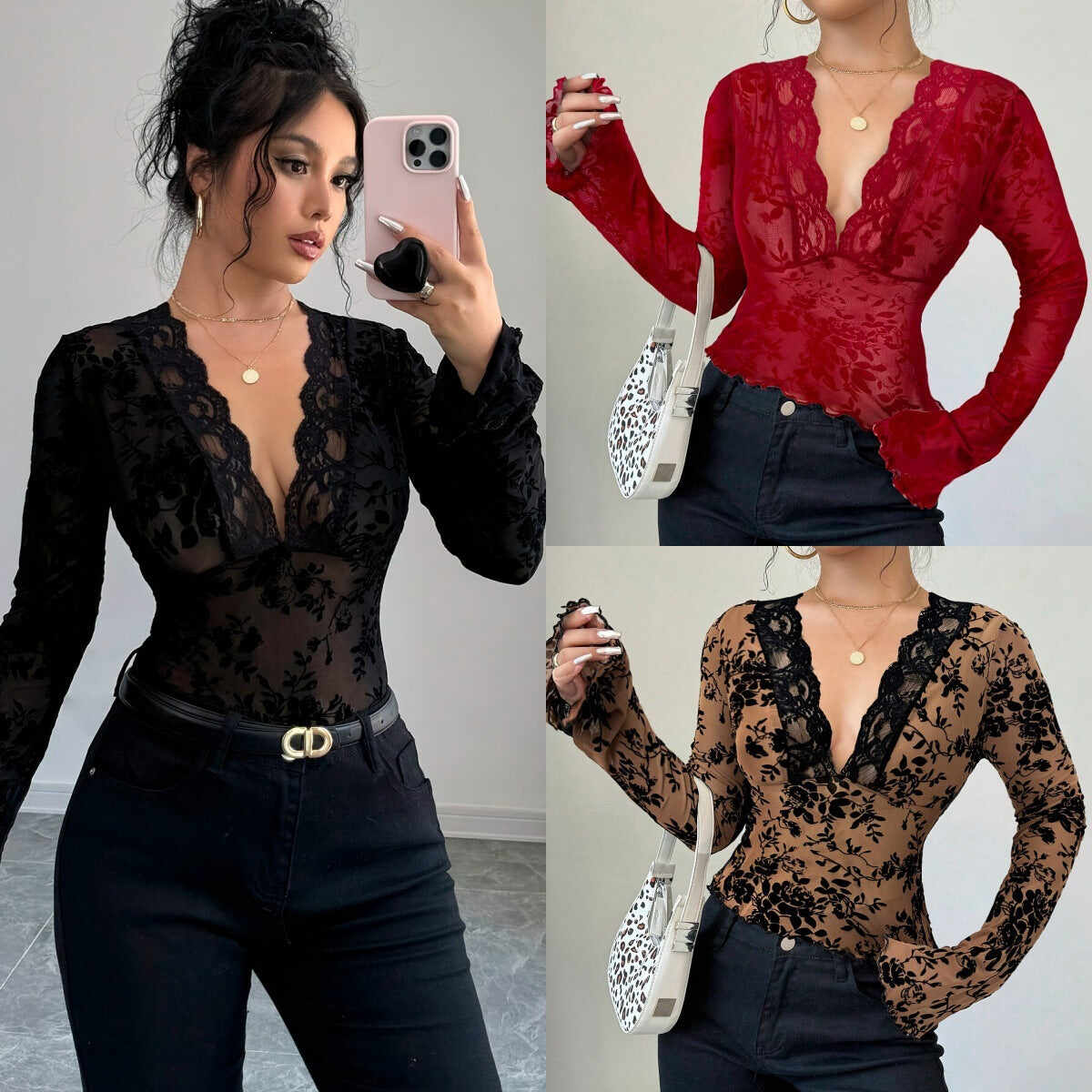 Spring 2026 new women's V-neck lace mesh horn sleeve T-shirt top women