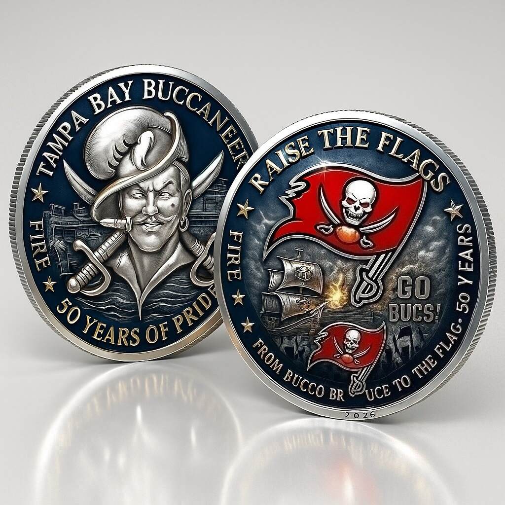 Tampa Bay Buccaneers 50th Anniversary Coin – From Bucco Bruce to the Flag