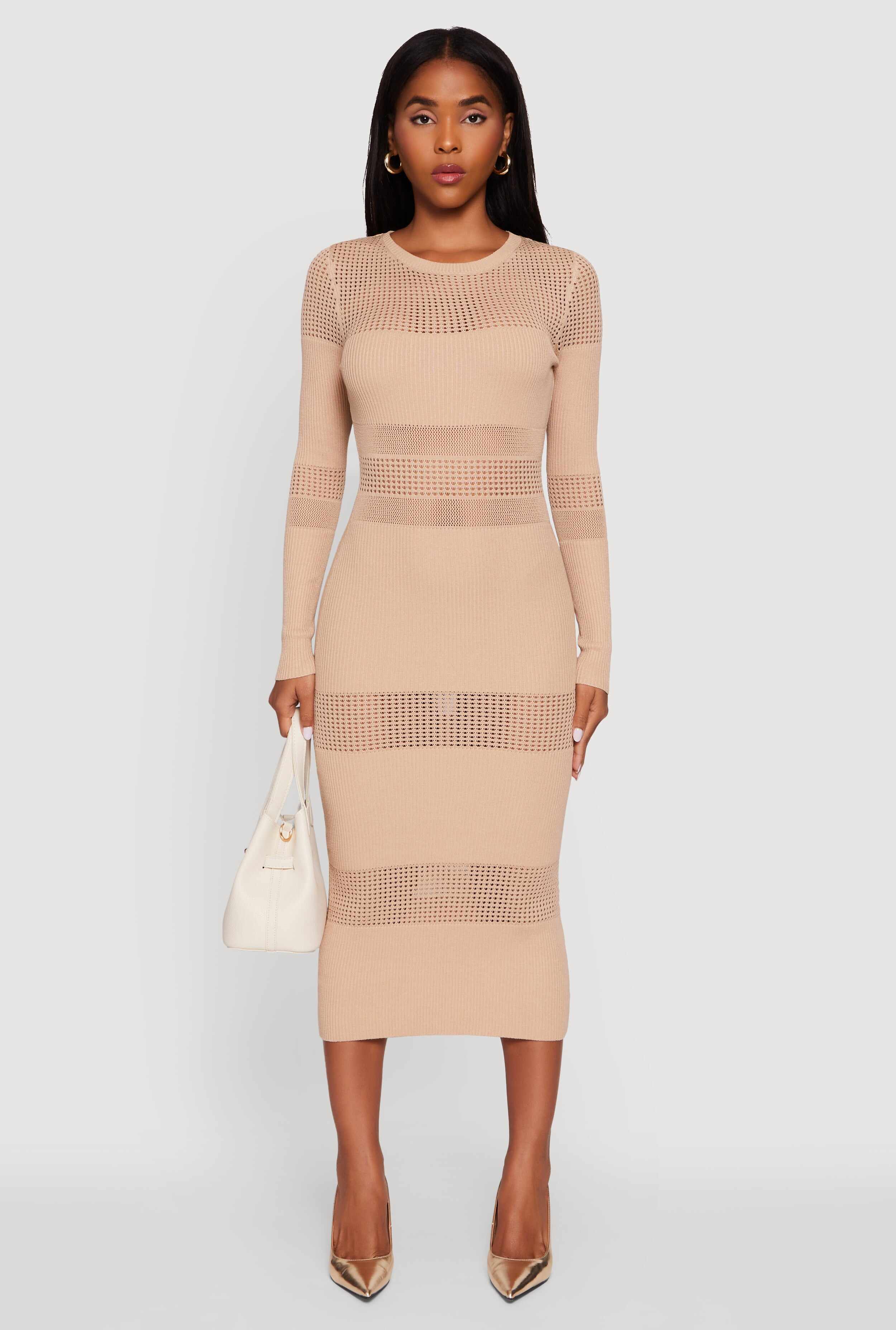Crochet Detail Long Sleeve Bodycon Sweater Dress