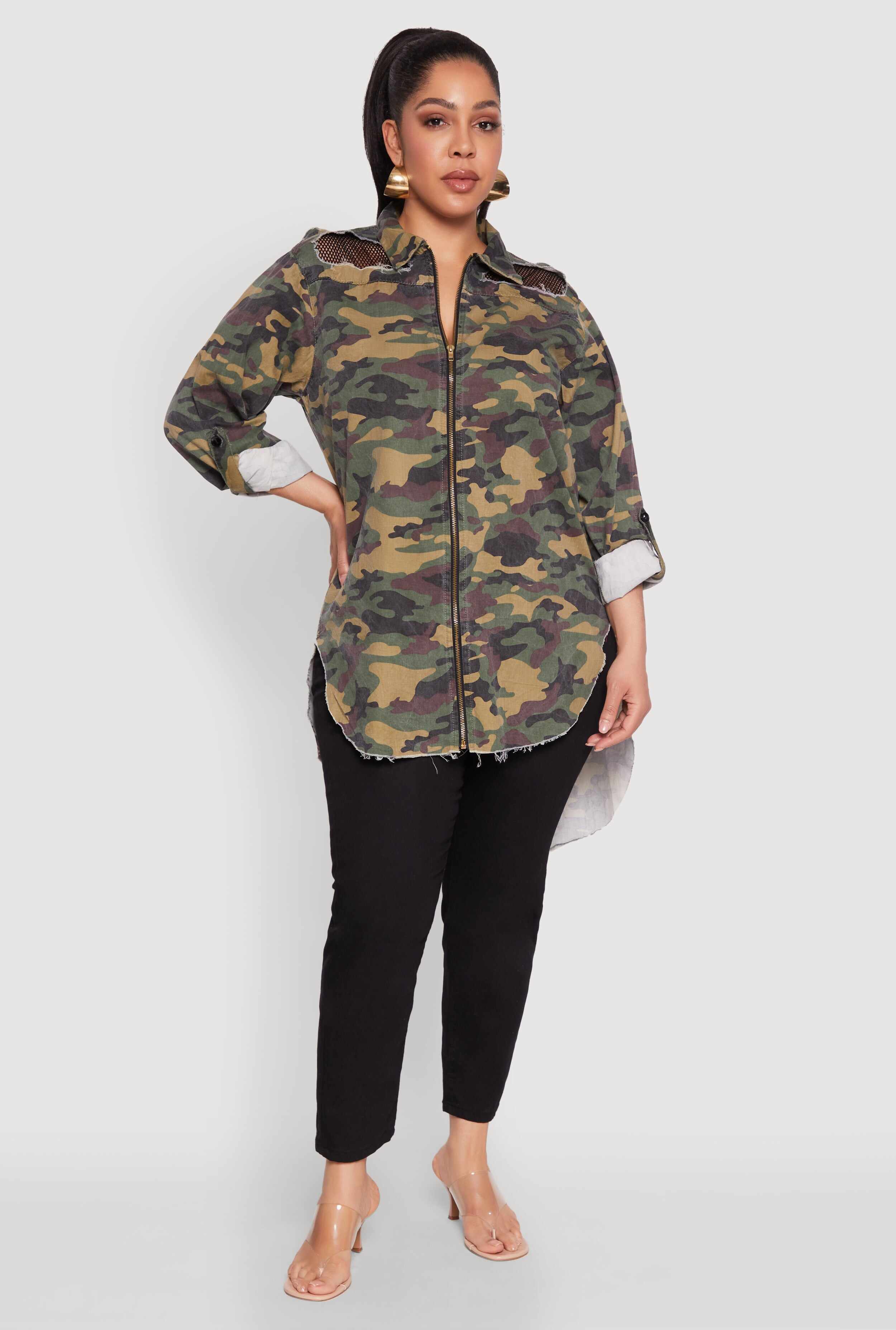 Plus Size Denim High Low Camo Top