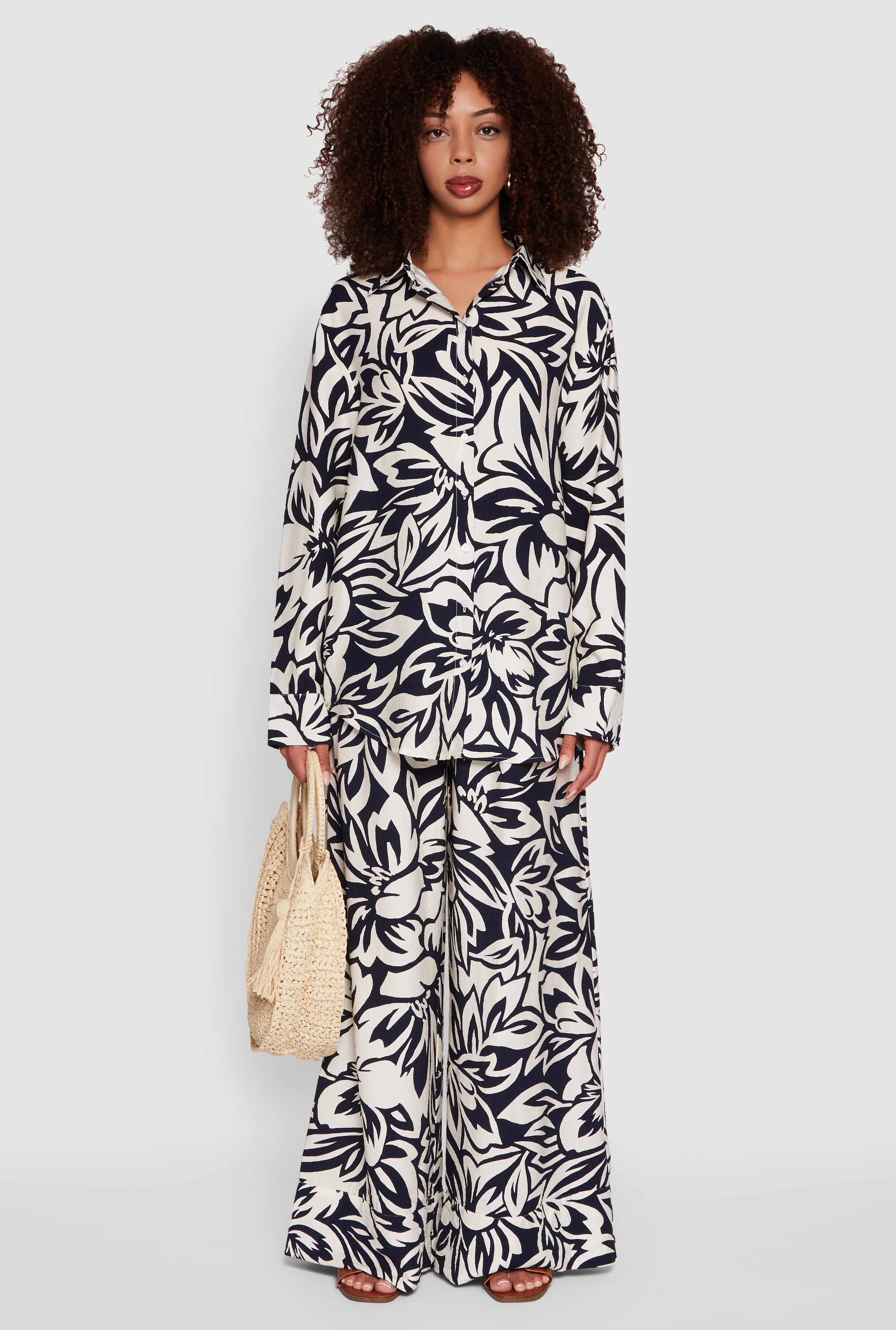 Crepe Knit Floral Print Drawstring Waist Palazzo Pants