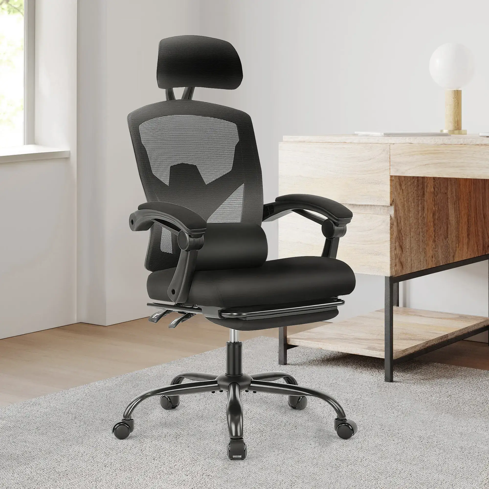 Height Adjustable High Back Ergonomic Office Chair with Lumbar Pillow & Retractable Footrest,  Padded Armrests and Adjustable Headrest