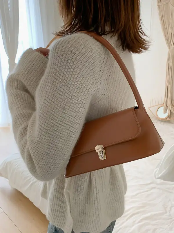 Minimalist Lock-Detail Leather Shoulder Bag