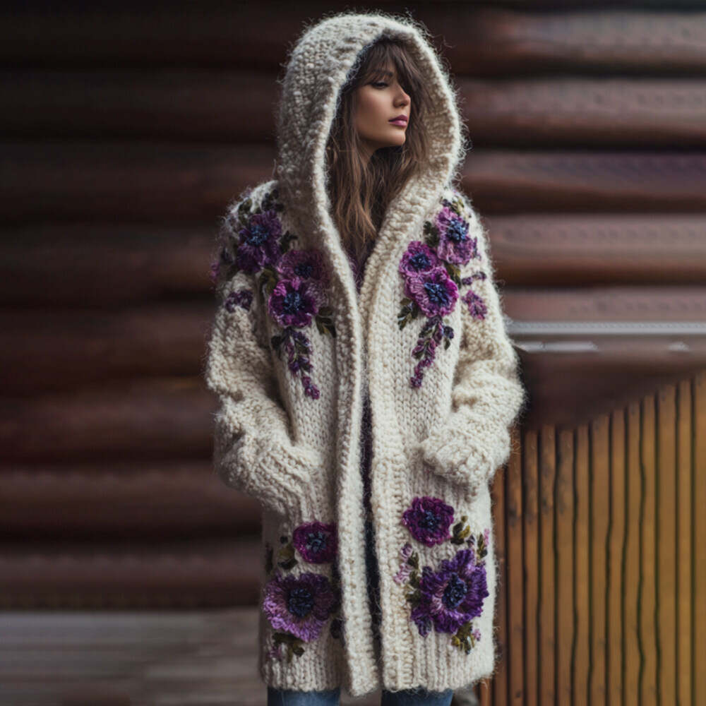 Women's Purple Flower Vintage Mid-length Hooded Sweater