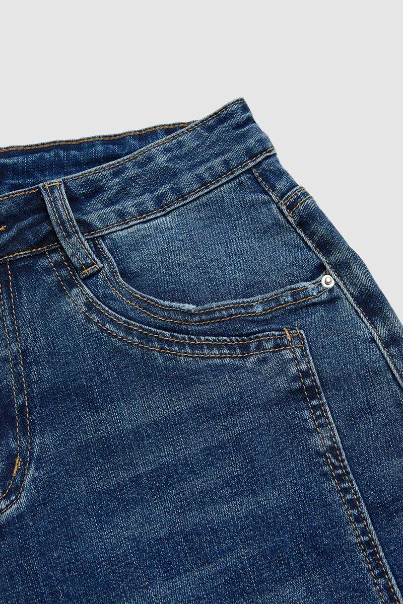 Roll Hem Wash Mid Waist Straight Leg Jeans