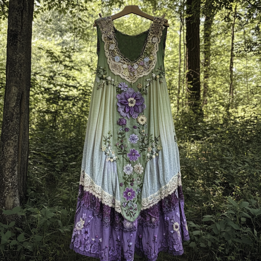 Vintage Boho Lavender Art Linen Patchwork Art Linen Tank Dress
