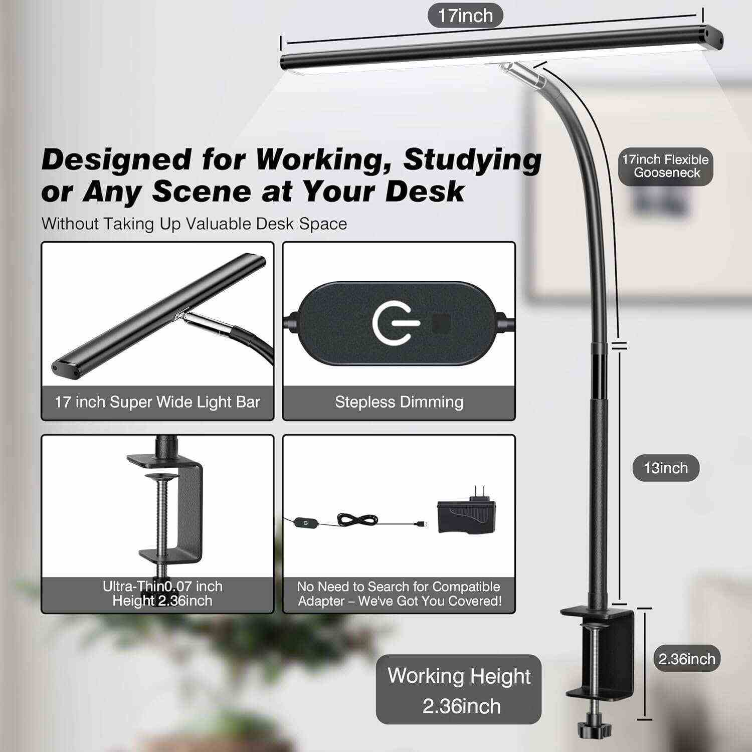 LED Desk Lamp for Office Home, Eye-Caring Desk Light with Stepless Dimming Adjustable Flexible Gooseneck, 10W USB Adapter Desk Lamp with Clamp for Reading, Study, Workbench (Black)