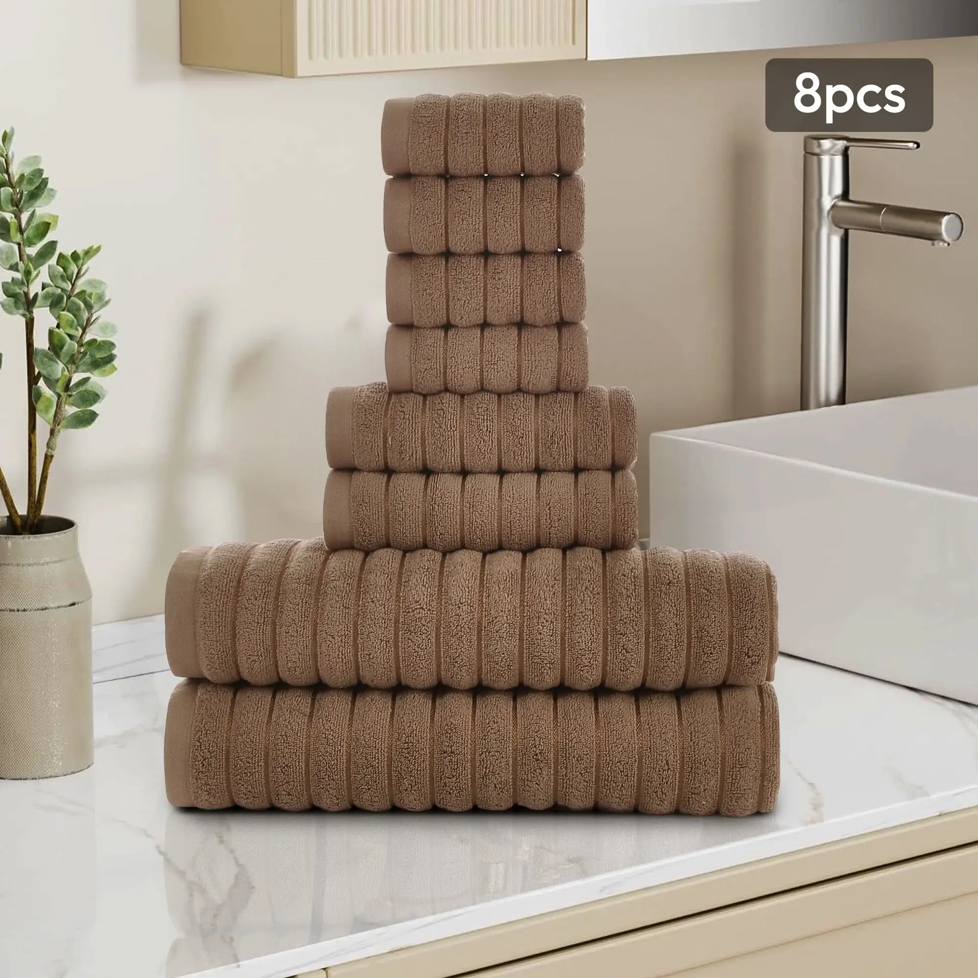 8 Piece Oversized Bath Towel Set, 100% Cotton Bath Towels, Highly Absorbant Bordered Towels