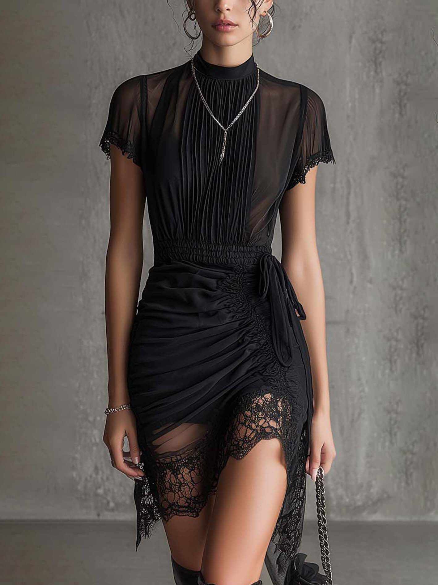 Black Chiffon Pleated Waist Lace-trimmed Mini Dress