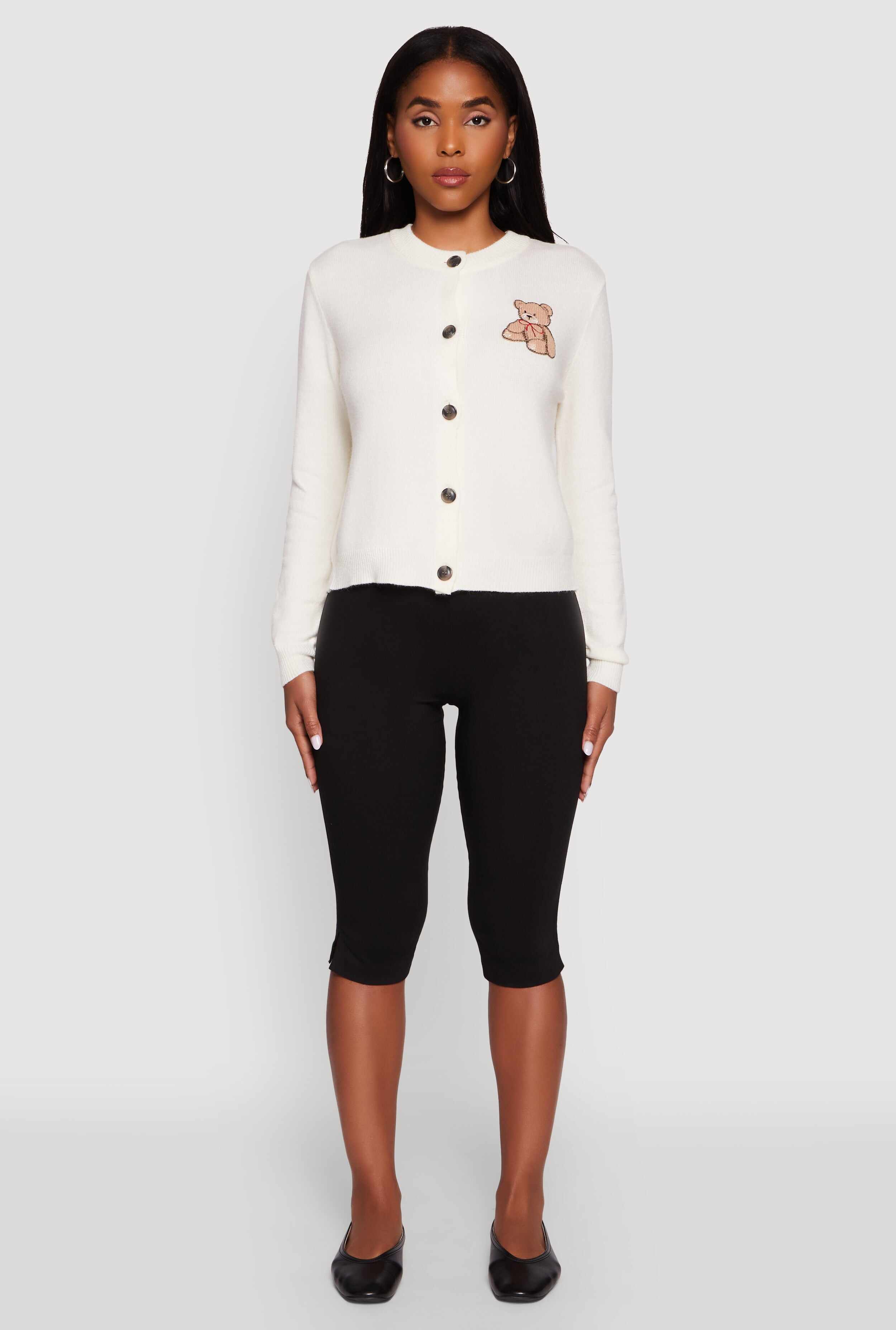 Embroidered Teddy Button Front Long Sleeve Cardigan