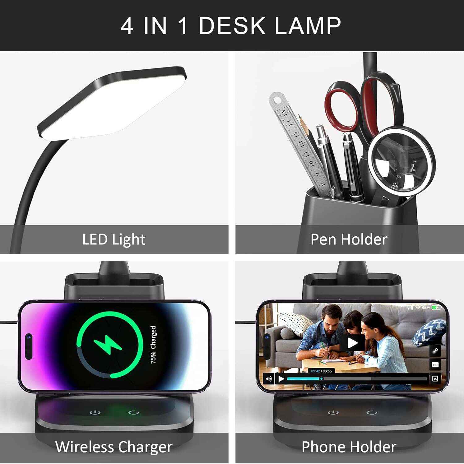 Desk Lamp with Wireless Charger, LED Desk Lamps for Home Office, 800 Lumens, Small Desk Lamp with Pen Holder, Flexible Arm, 3 Modes, Dimming, Touch Lamp for College Dorm Room